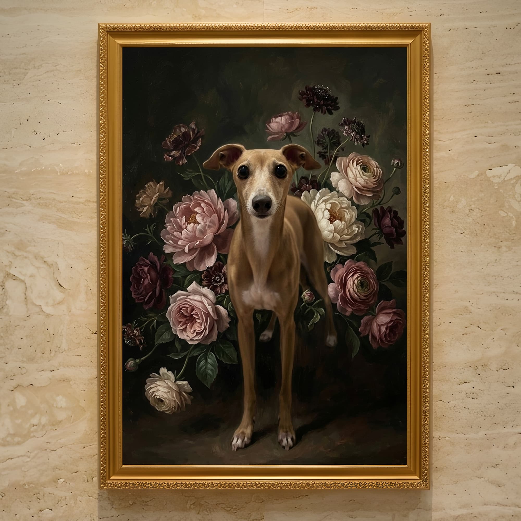 イタリアングレーハウンドの花の油絵風アート花柄額装プリント(A3サイズ)