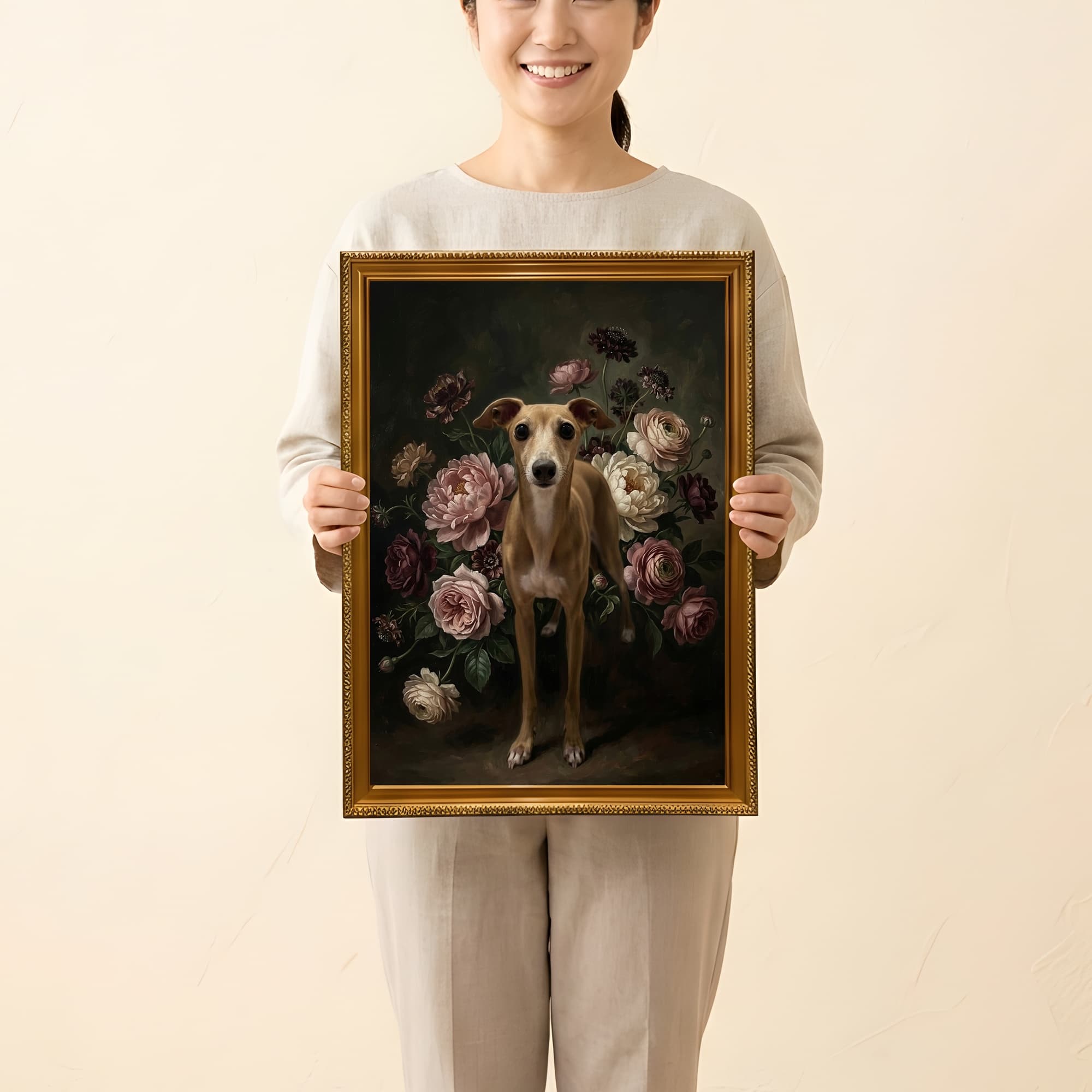 イタリアングレーハウンドの花の油絵風アート花柄額装プリント(A3サイズ) 2