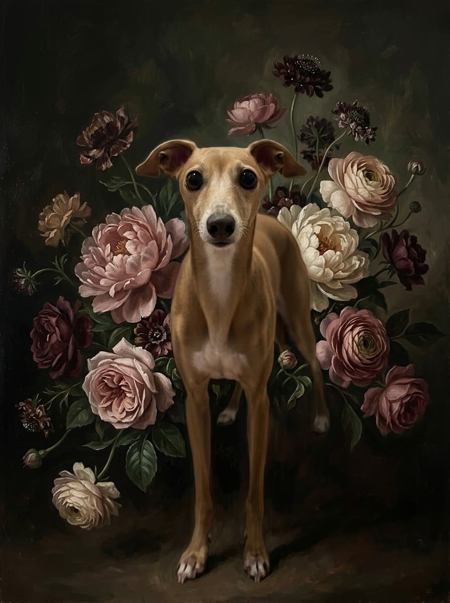 イタリアングレーハウンドの花の油絵風アート花柄額装プリント(A3サイズ) 4