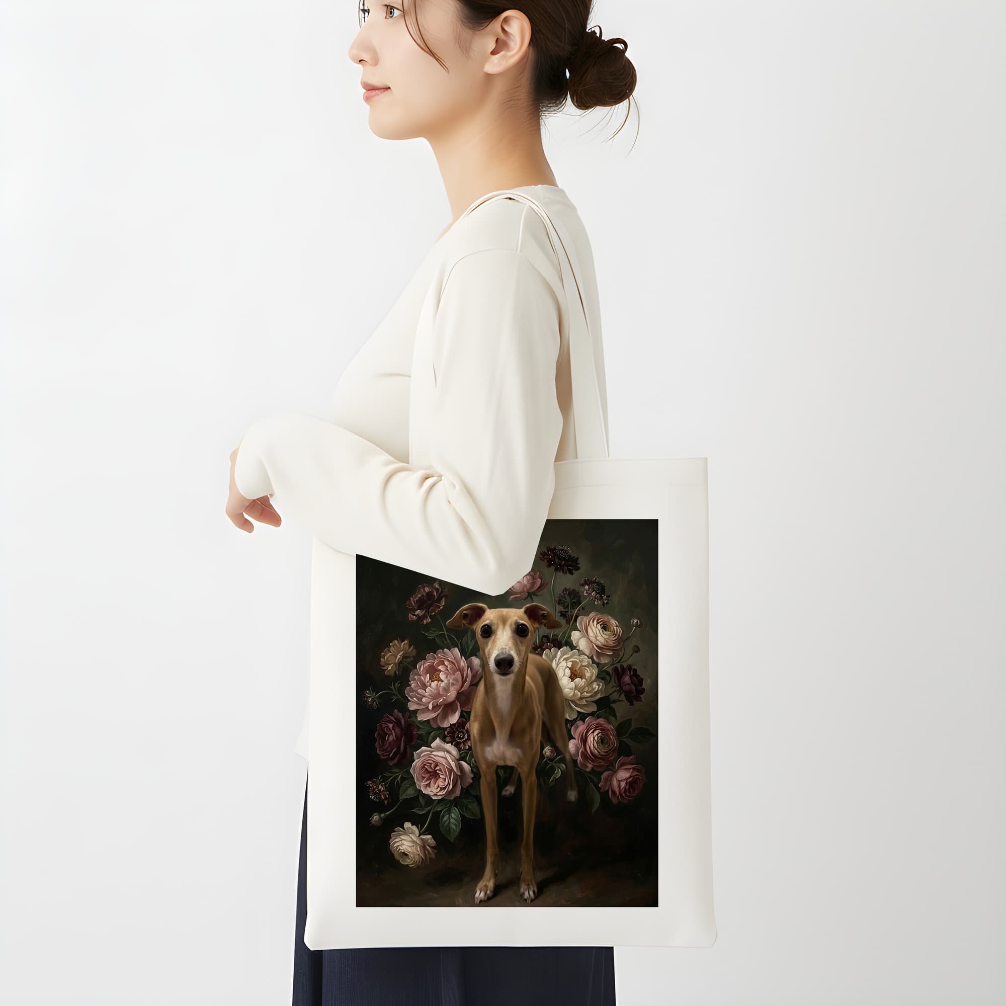 イタリアングレーハウンドの花の油絵風アート花柄トートバッグ 2