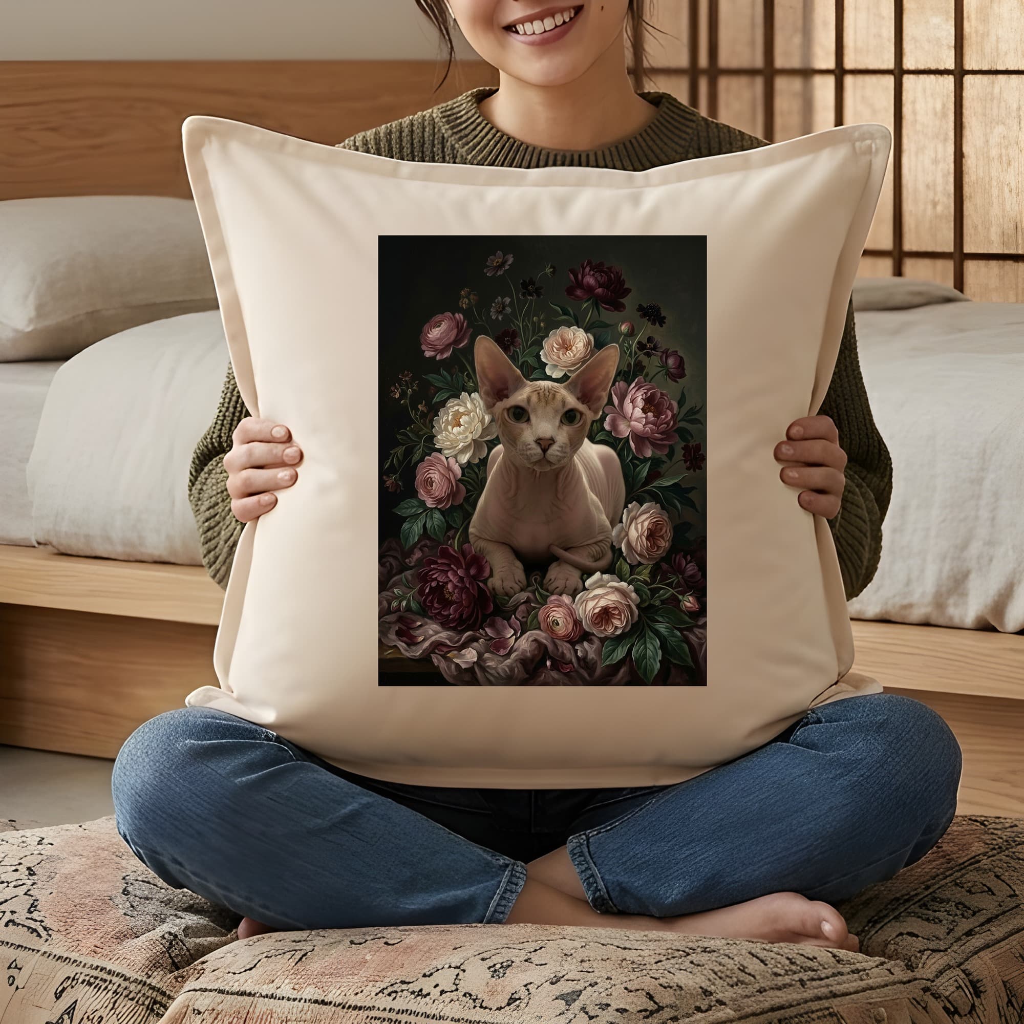 スフィンクスの花の油絵風アート花柄クッション 3