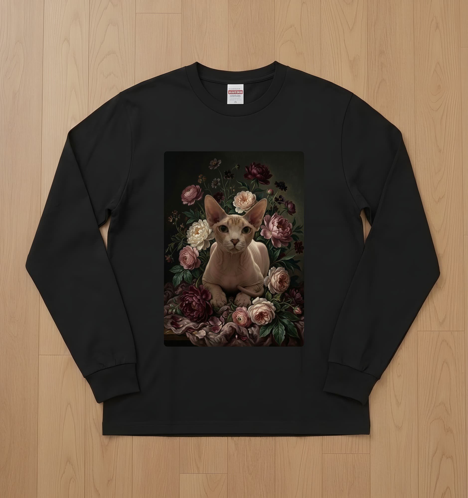 スフィンクスの花の油絵風アート花柄長袖Tシャツ(ブラック)