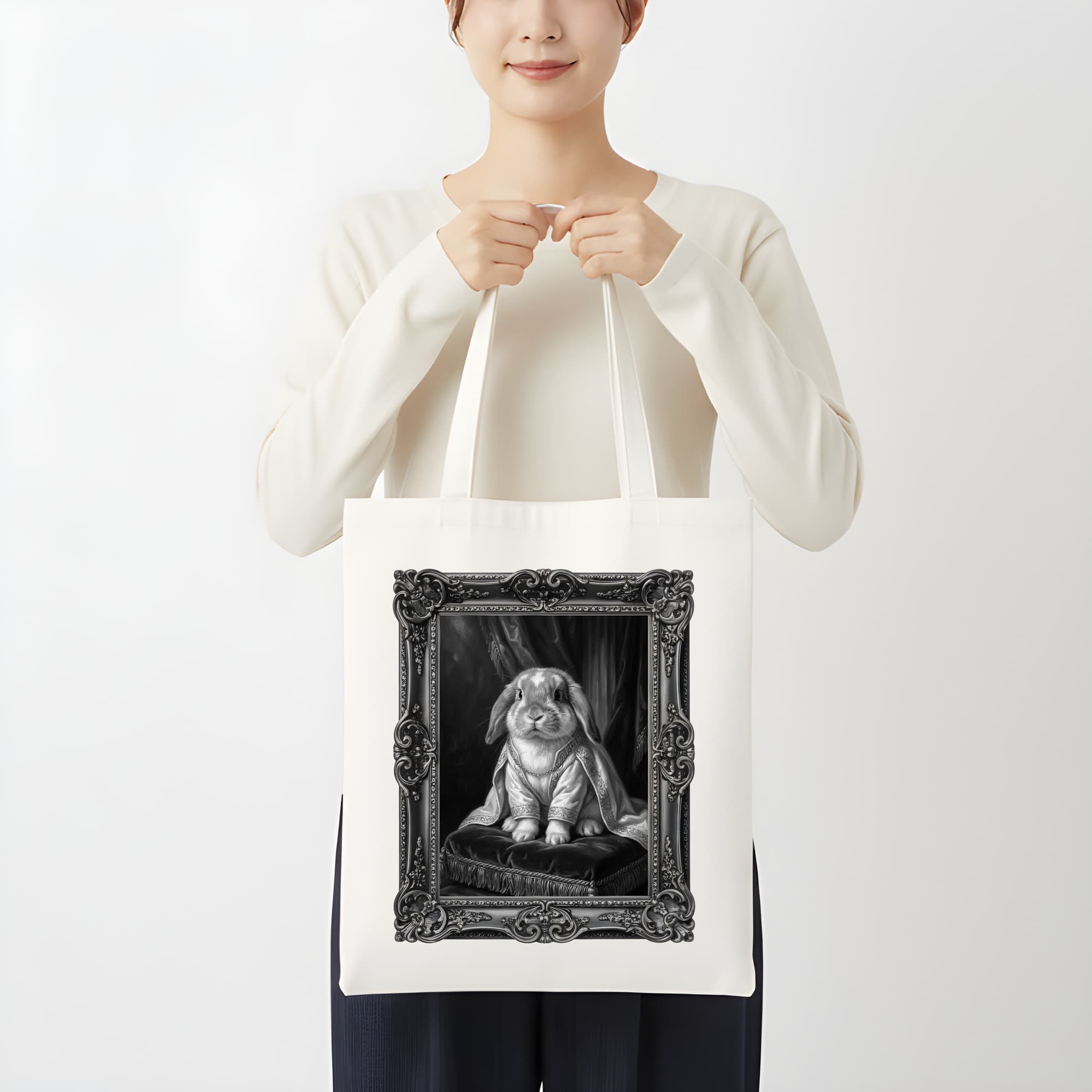 ミニロップのルネサンス肖像画トートバッグ(モノクロプリント・額縁デザインあり) 3