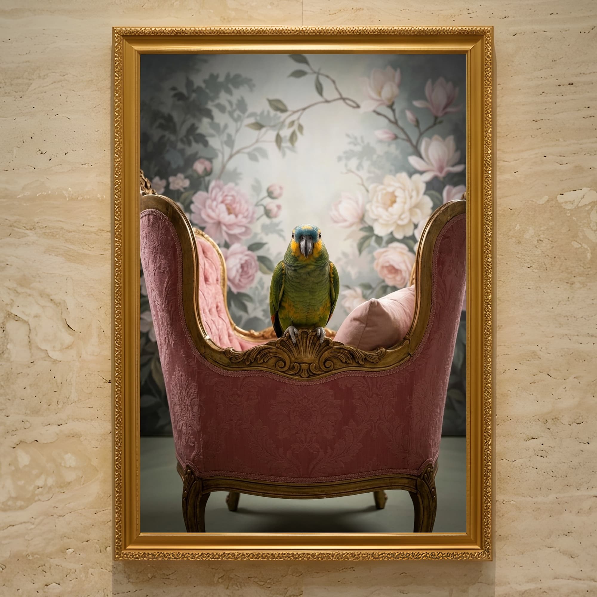 Blue-fronted Amazon Shabby Pink Oil-Painting Rococo Framed Art Print (A3)