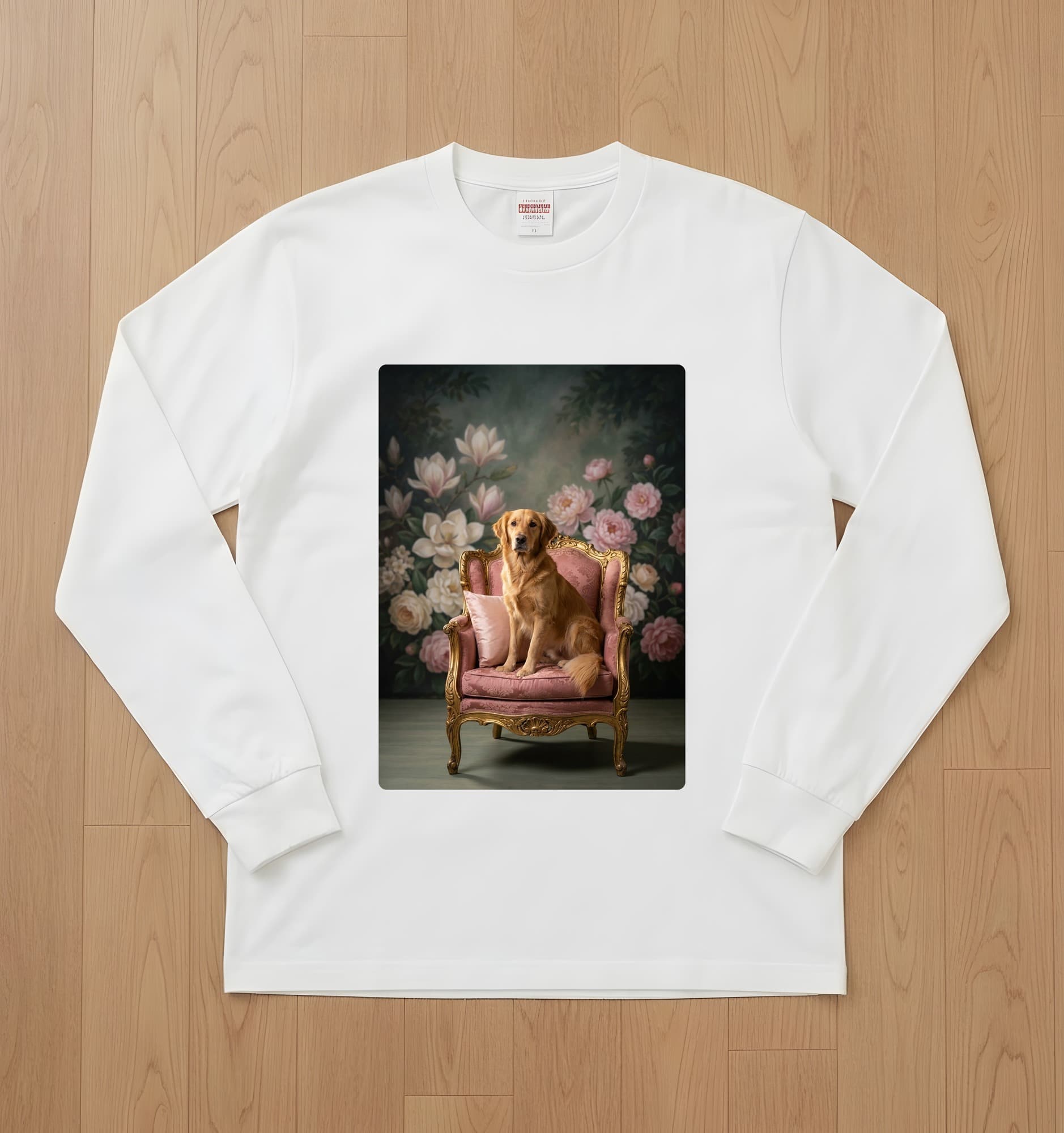 golden retriever Shabby Pink Oil-Painting Rococo Long Sleeve T-Shirt (White)