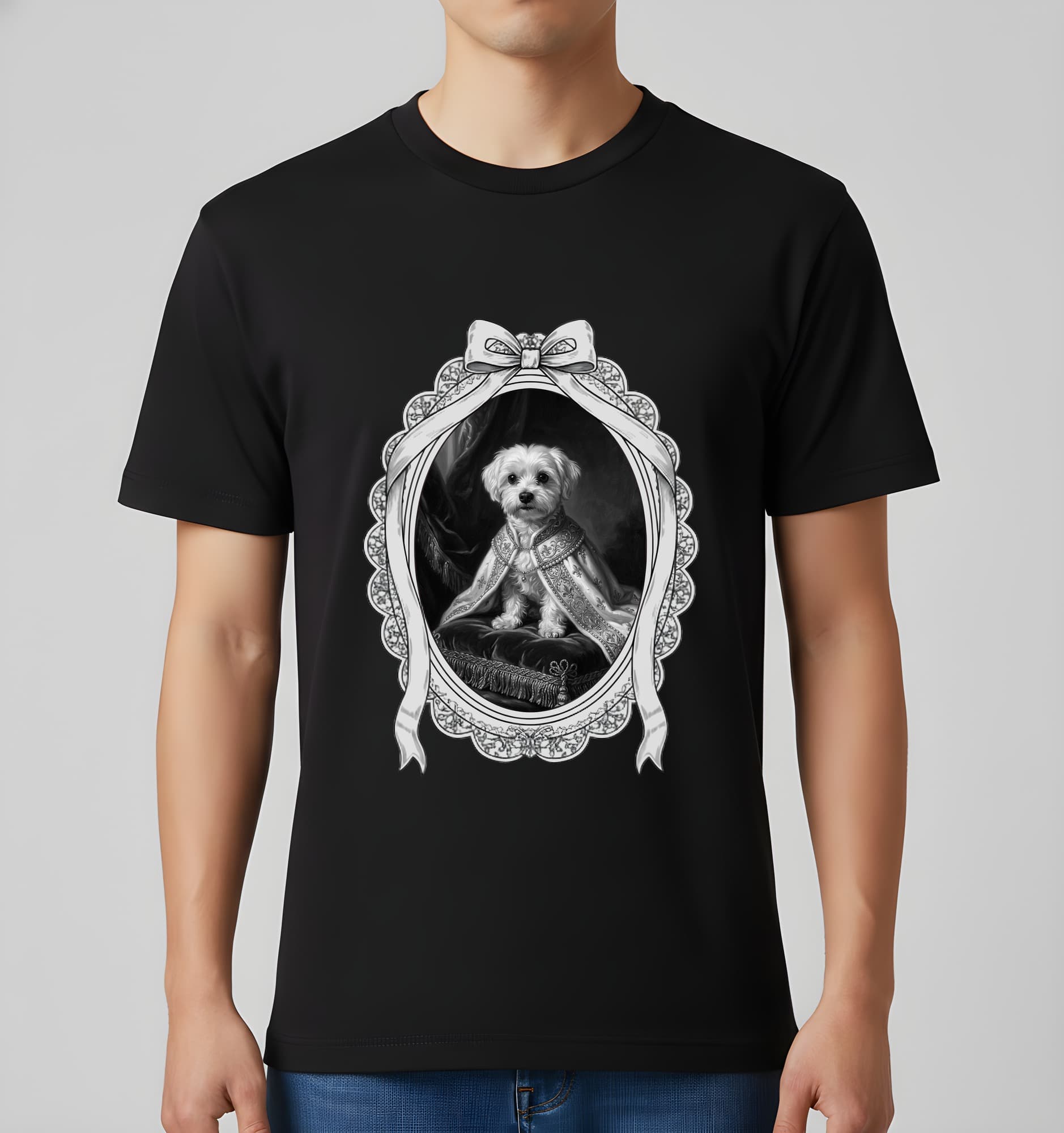 マルチーズのルネサンス肖像画Tシャツ(ブラック・モノクロプリント・額縁デザインあり) 2