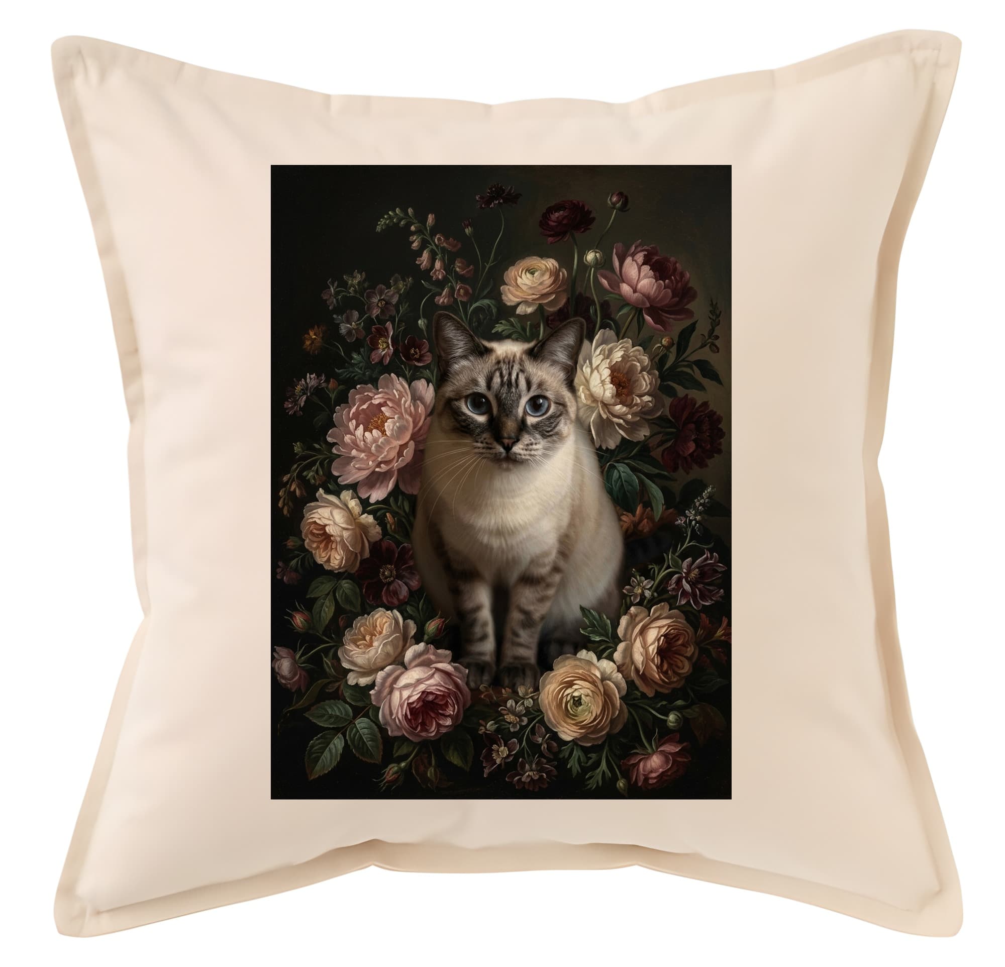 シャム猫の花の油絵風アート花柄クッション