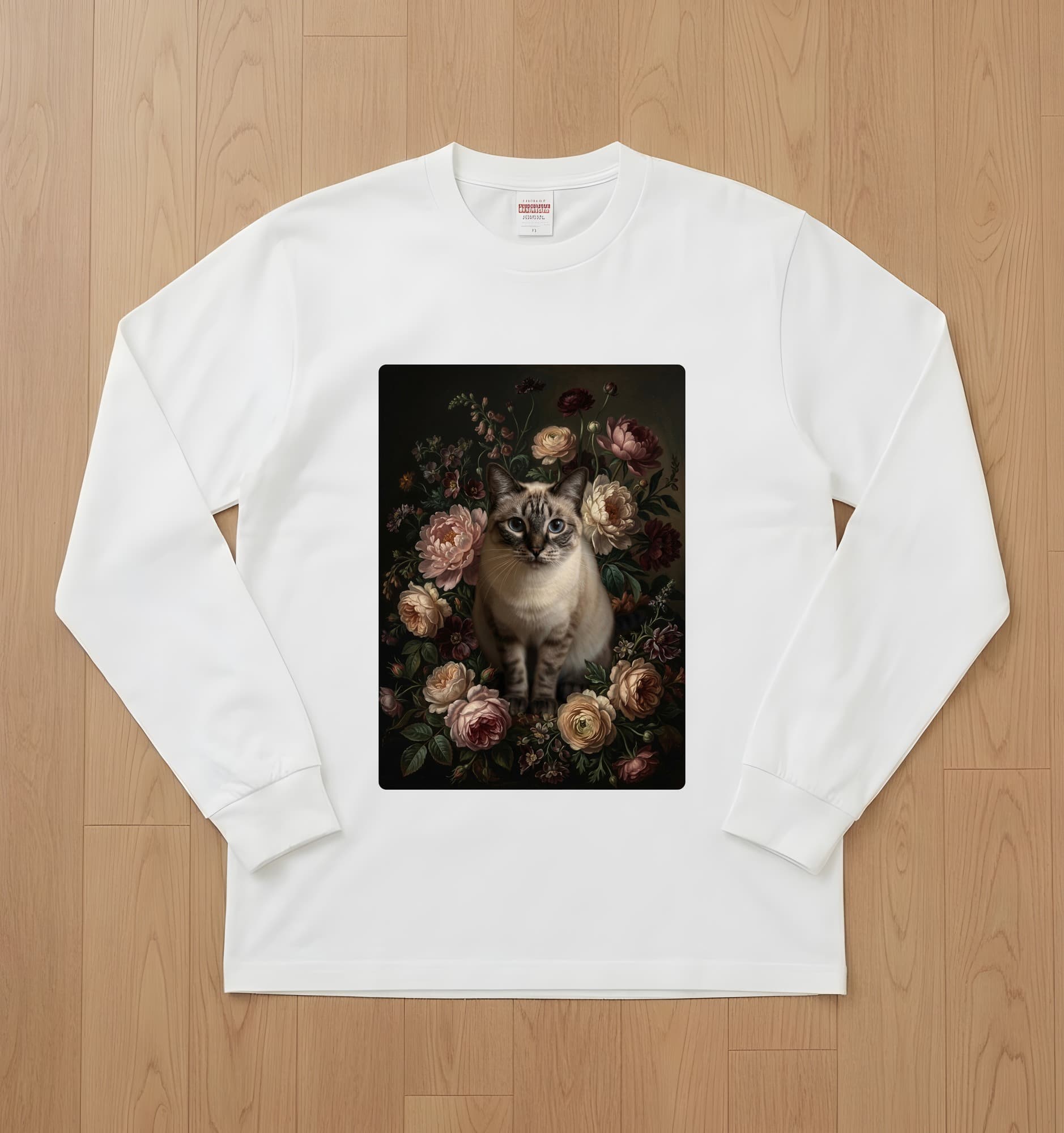 シャム猫の花の油絵風アート花柄長袖Tシャツ(ホワイト)