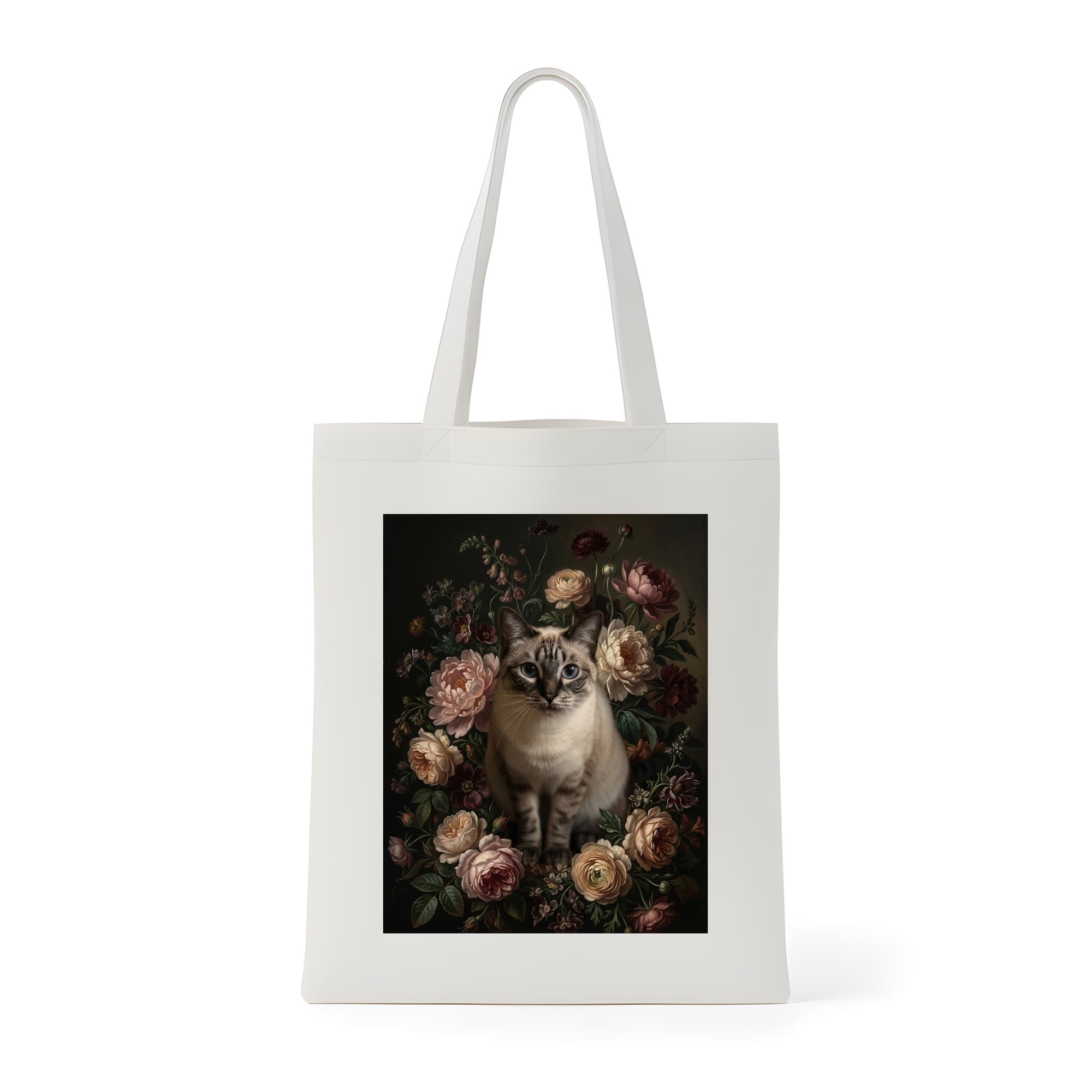 シャム猫の花の油絵風アート花柄トートバッグ