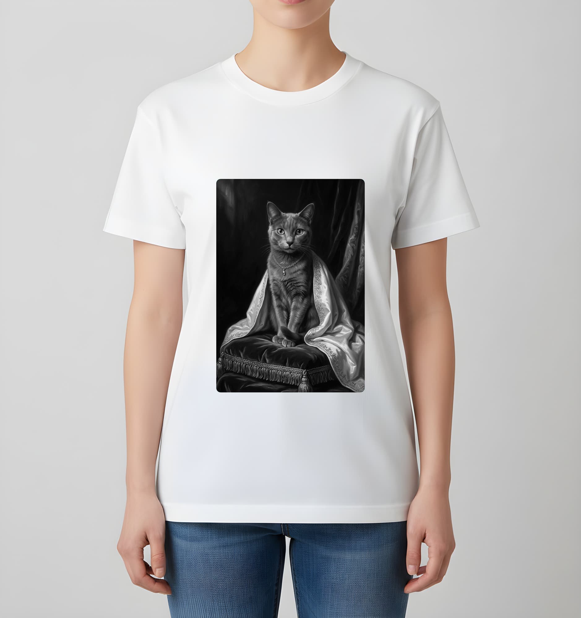 シャルトリューのルネサンス肖像画Tシャツ(ホワイト・モノクロプリント・額縁なし) 4