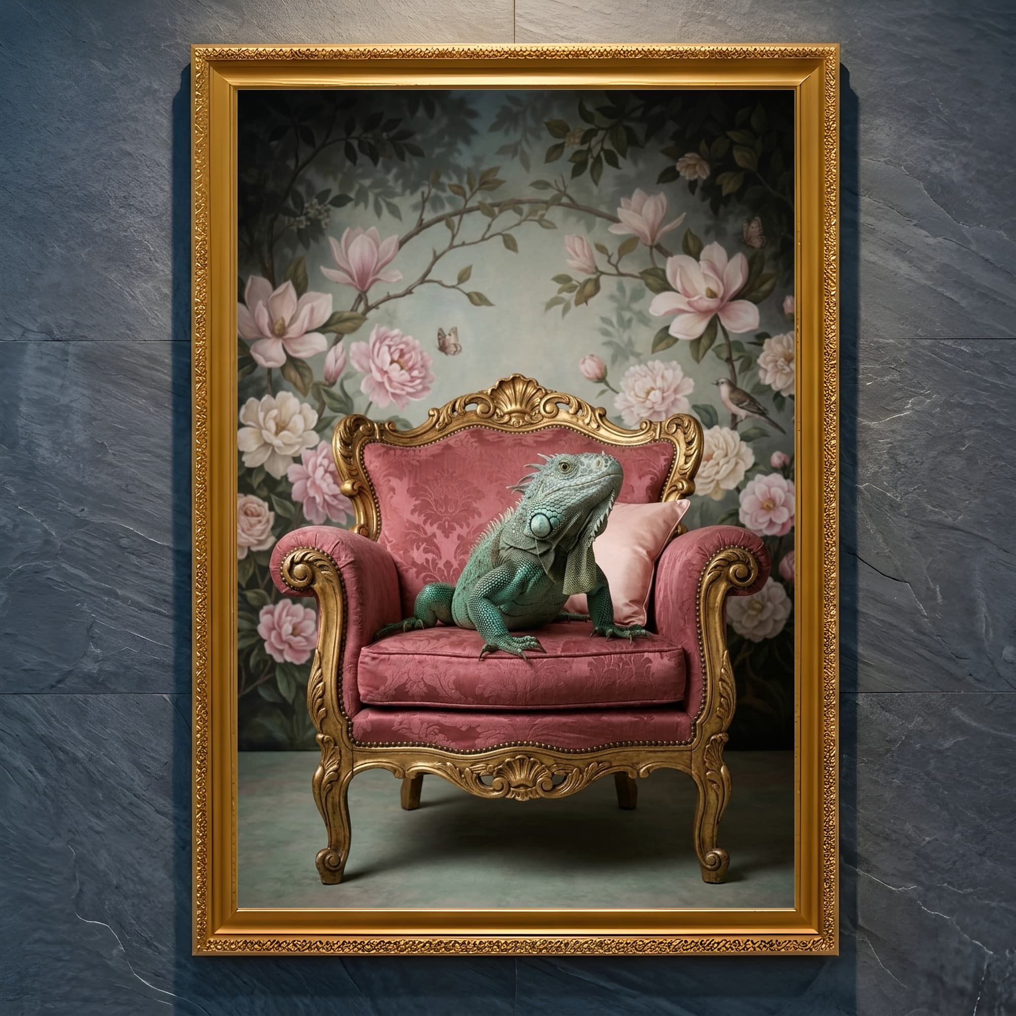 Blue Iguana Shabby Pink Oil-Painting Rococo Framed Art Print (A4 Gold)