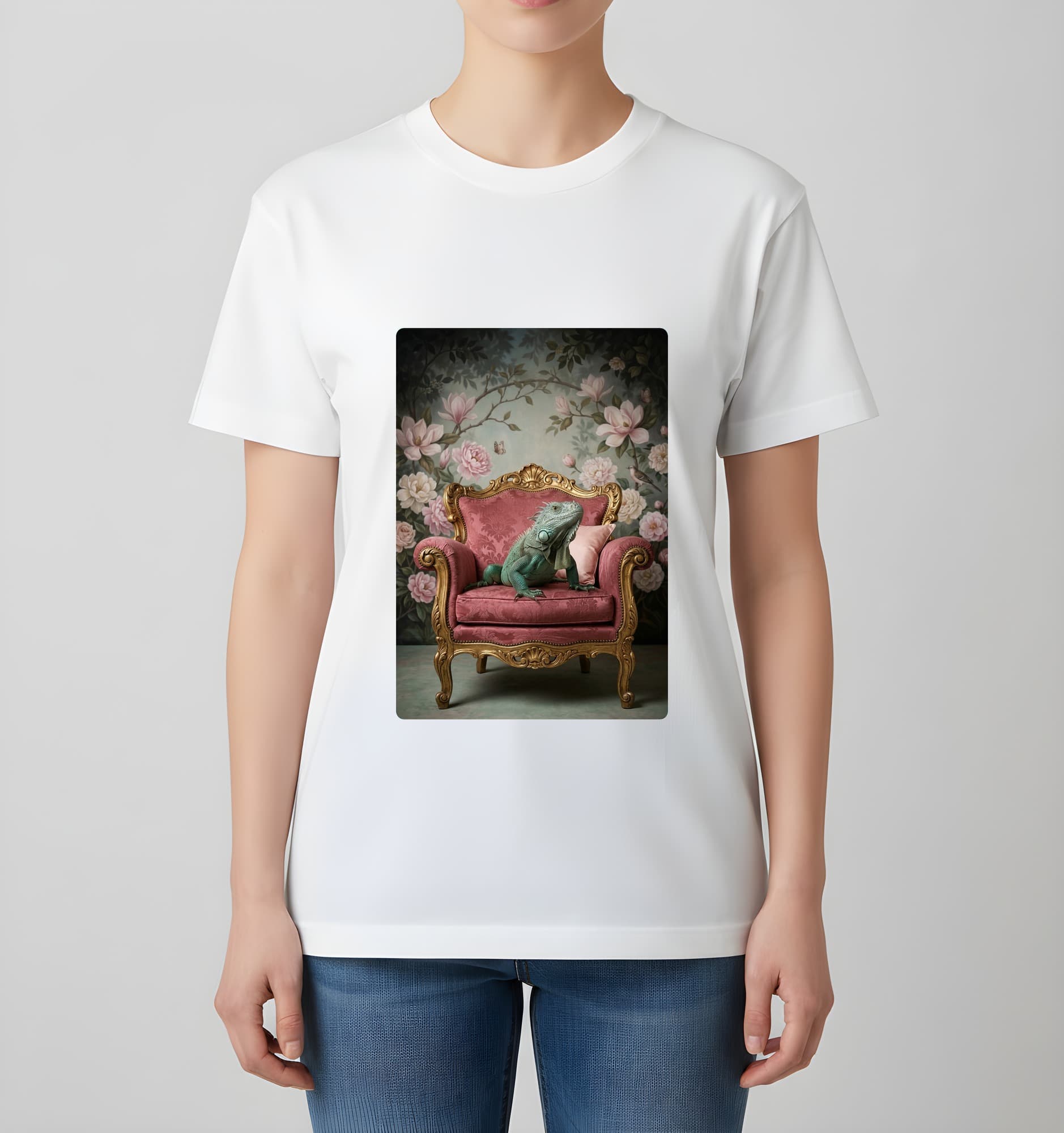 Blue Iguana Shabby Pink Oil-Painting Rococo T-Shirt (White) 4