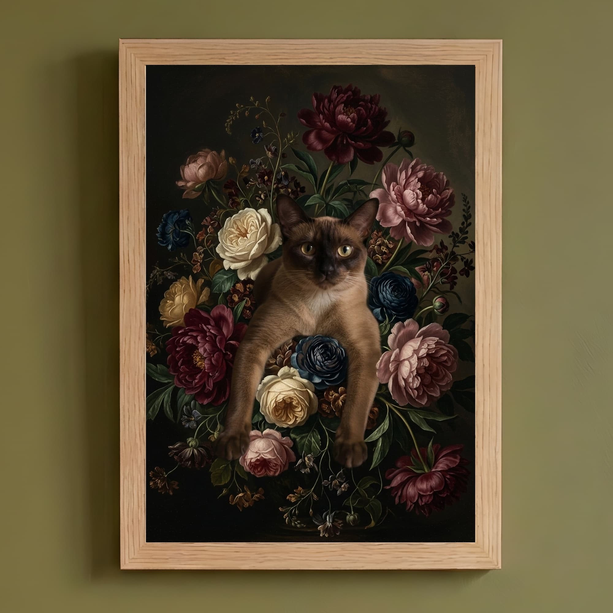バーミーズの花の油絵風アート花柄額装プリント(A4サイズ)