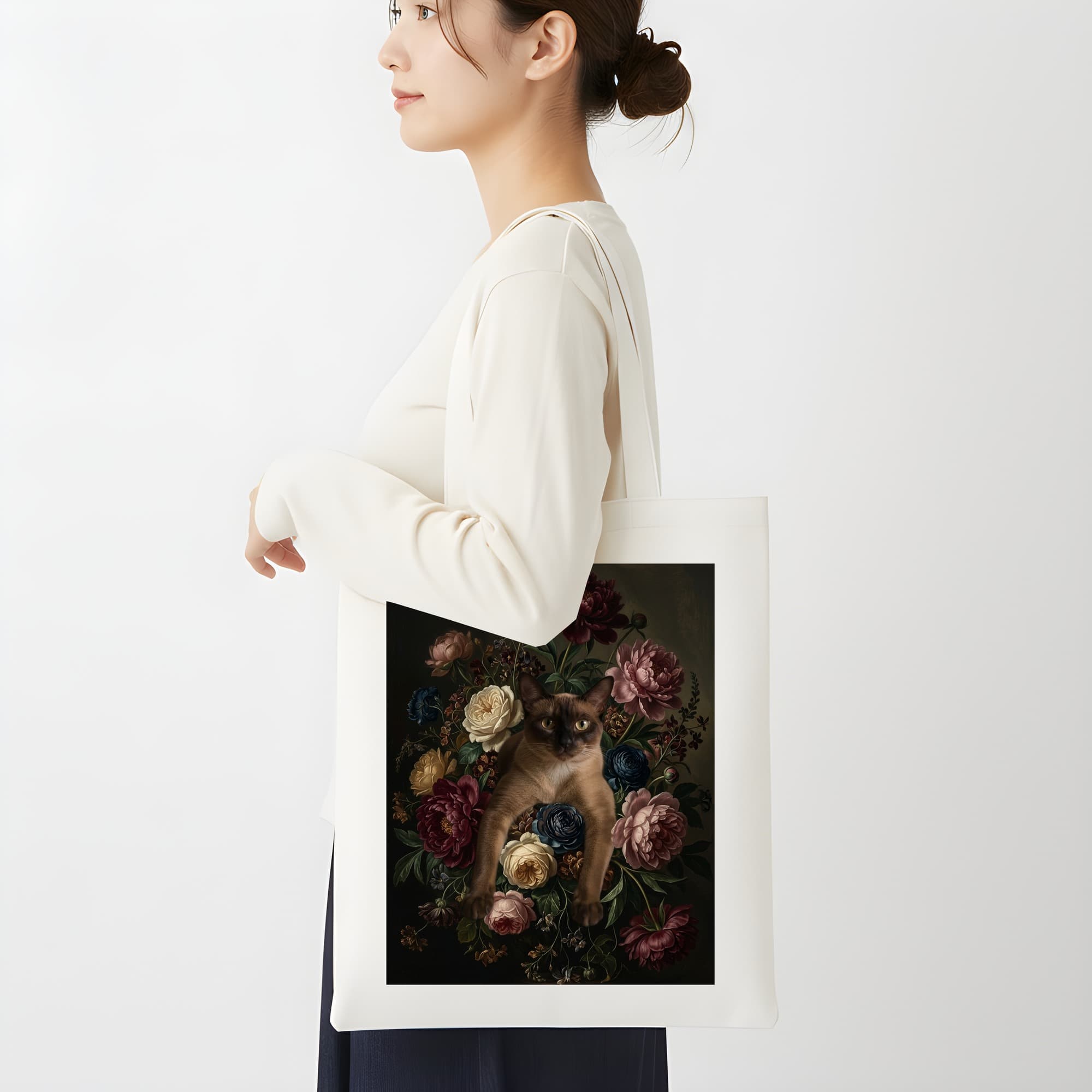 バーミーズの花の油絵風アート花柄トートバッグ 2