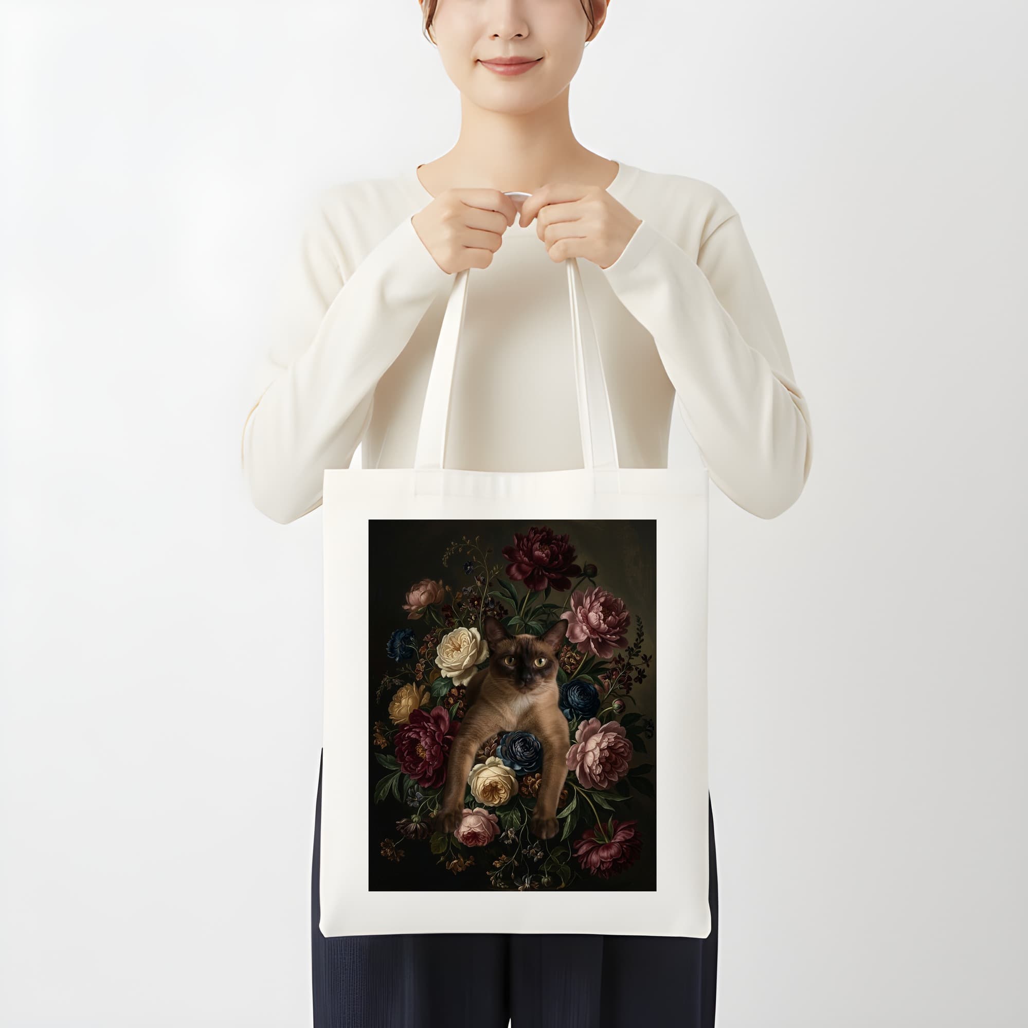 バーミーズの花の油絵風アート花柄トートバッグ 3