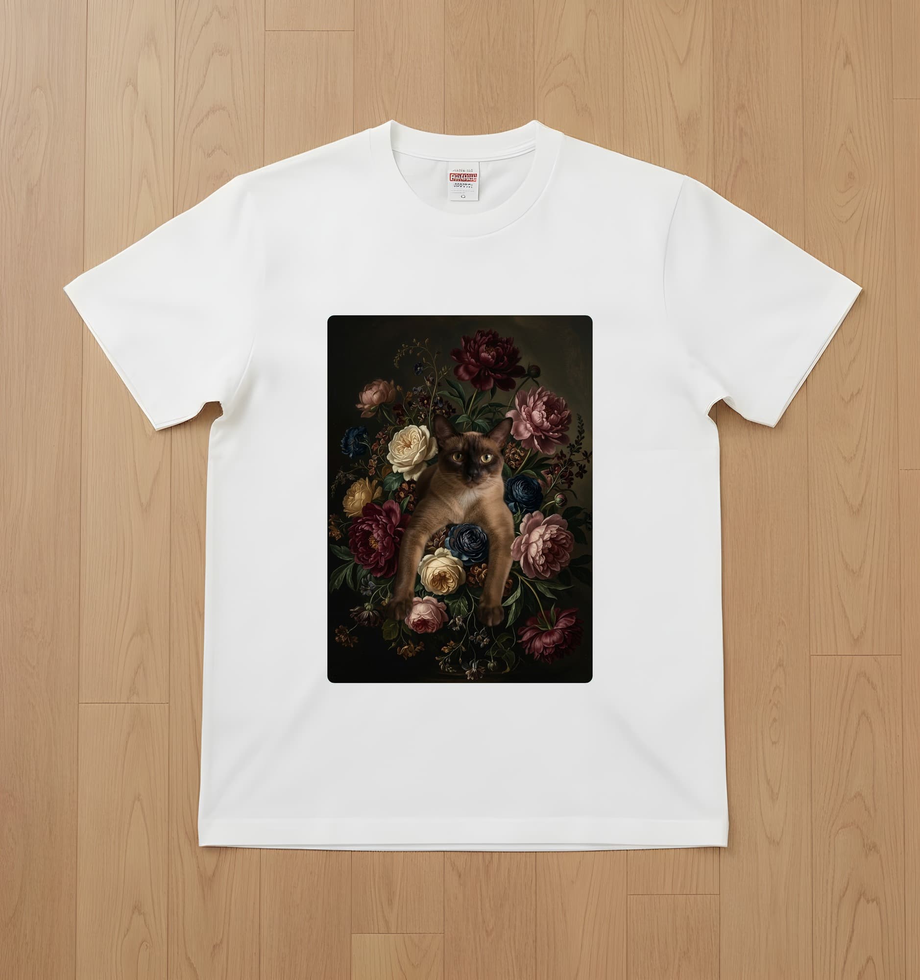 バーミーズの花の油絵風アート花柄Tシャツ(ホワイト)