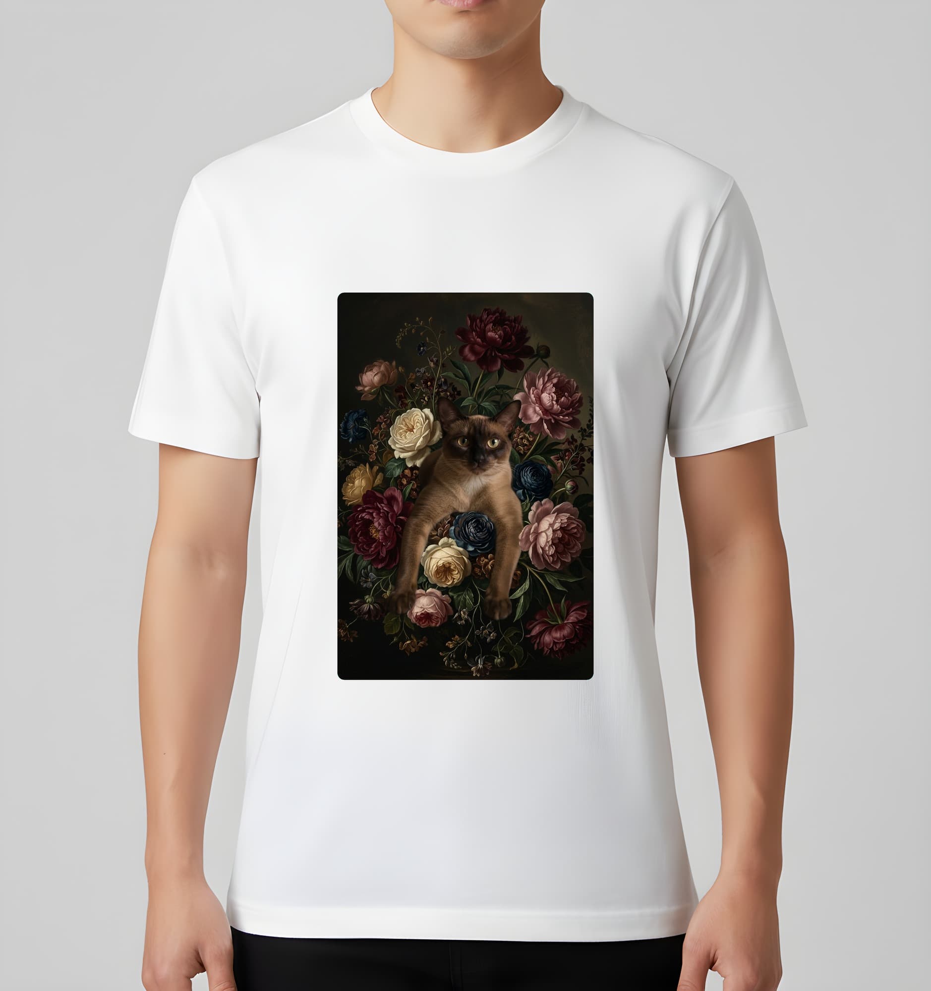 バーミーズの花の油絵風アート花柄Tシャツ(ホワイト) 3