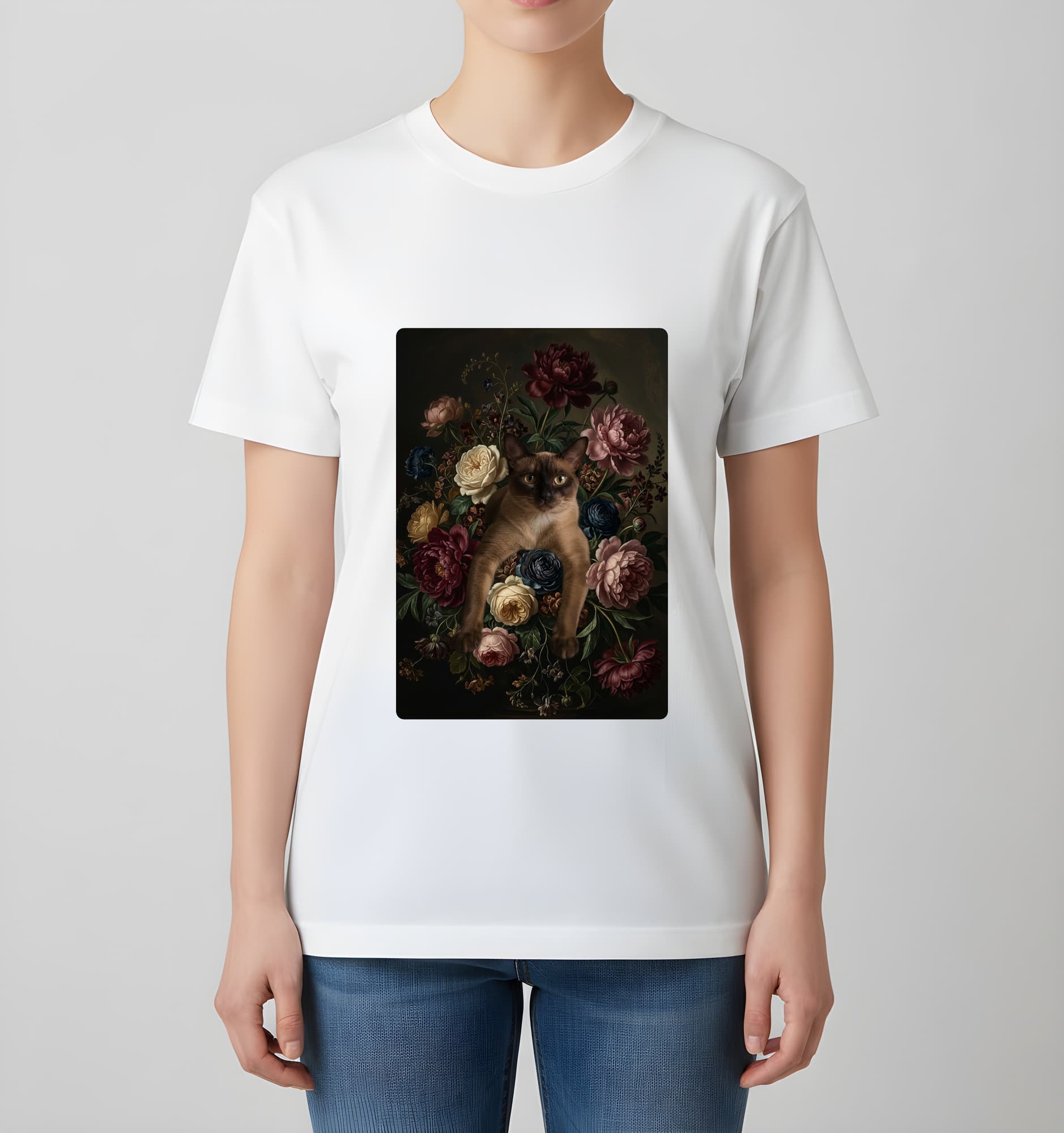 バーミーズの花の油絵風アート花柄Tシャツ(ホワイト) 4