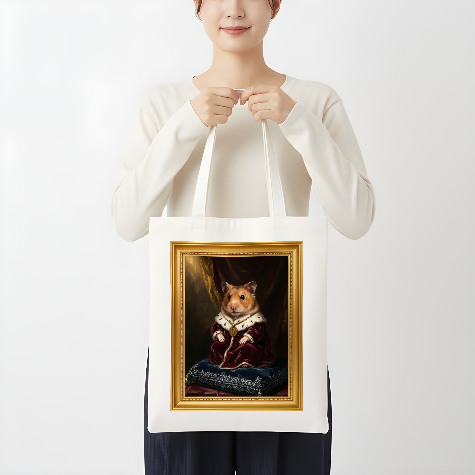 テディベアハムスターのルネサンス肖像画トートバッグ(カラープリント・額縁デザインあり) 3