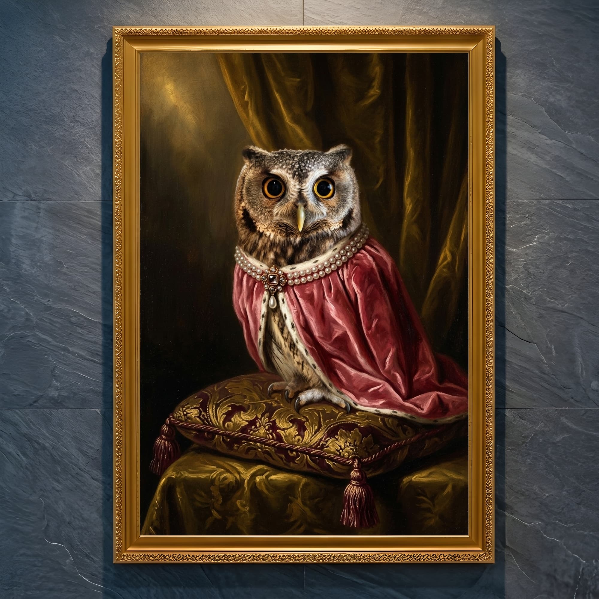 Scops owl Renaissance Portrait Framed Art Print (A4 Gold)