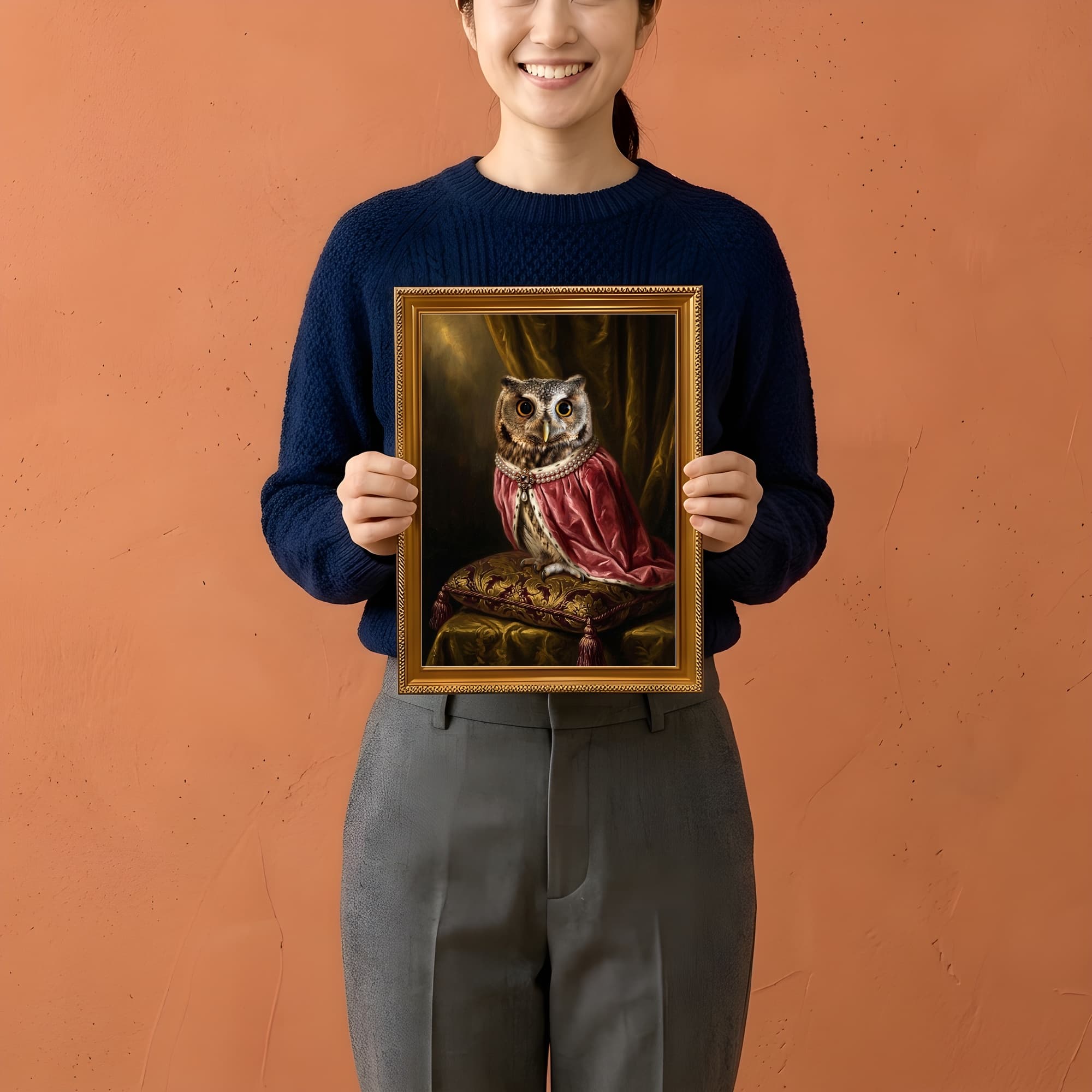 Scops owl Renaissance Portrait Framed Art Print (A4 Gold) 2