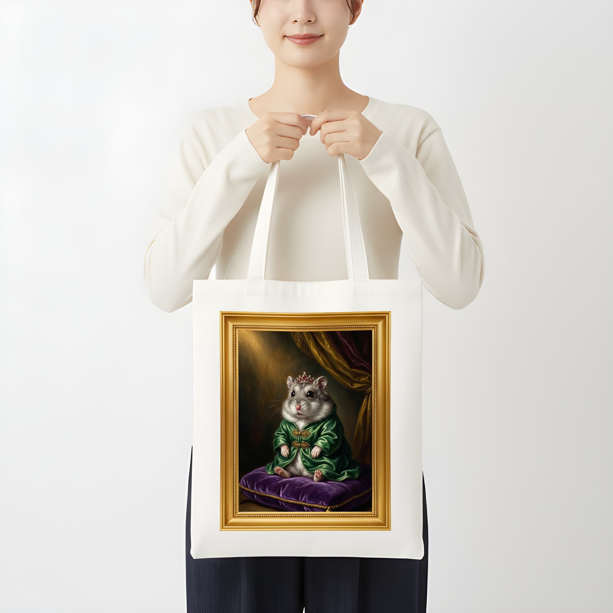 ウィンターホワイトハムスターのルネサンス肖像画トートバッグ(カラープリント・額縁デザインあり) 3