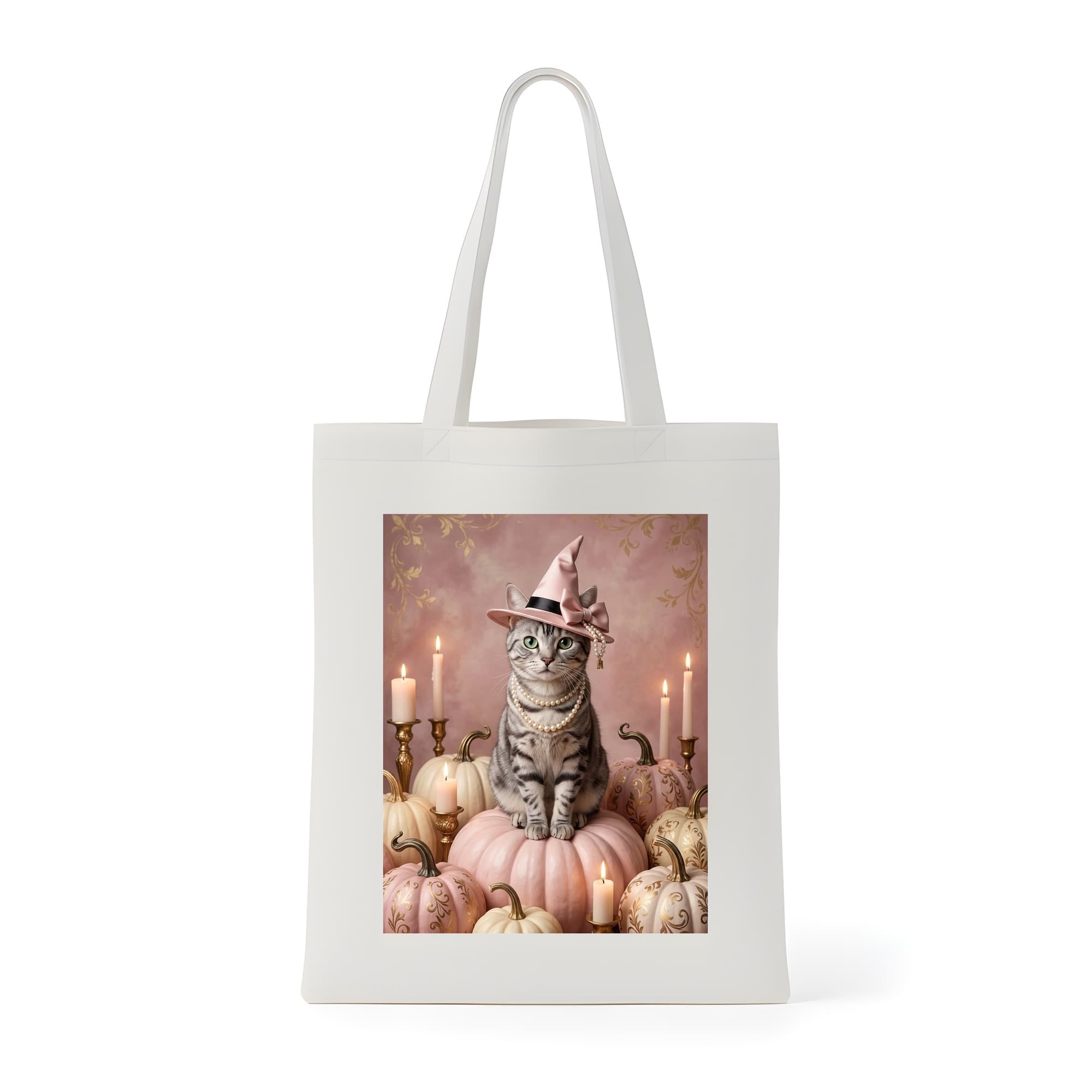 アメリカンショートヘアのかぼちゃとキャンドルの油絵風アートハロウィントートバッグ