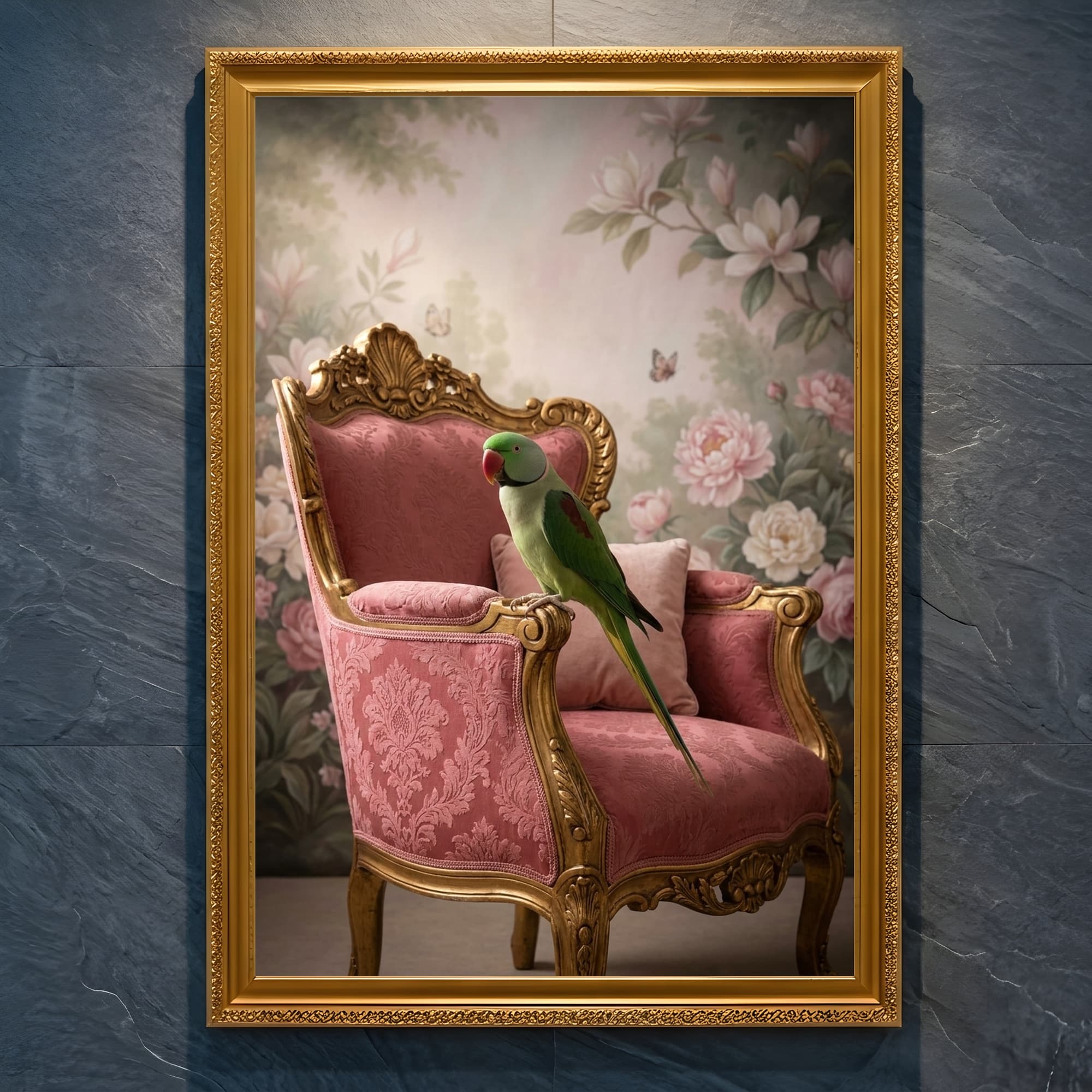 ダルマインコのシャビーピンクの油絵風アートロココ調額装プリント(A4金縁)