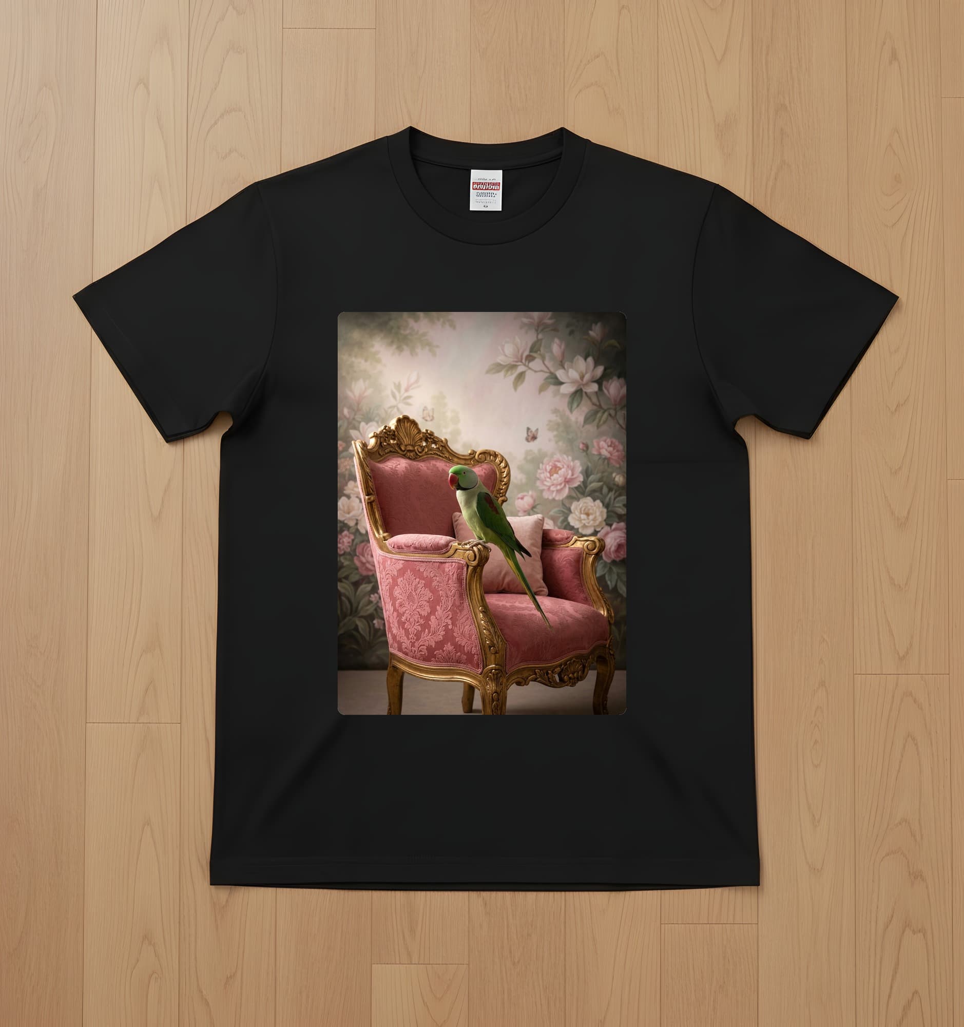 Derbyan Parakeet Shabby Pink Oil-Painting Rococo T-Shirt (Black)
