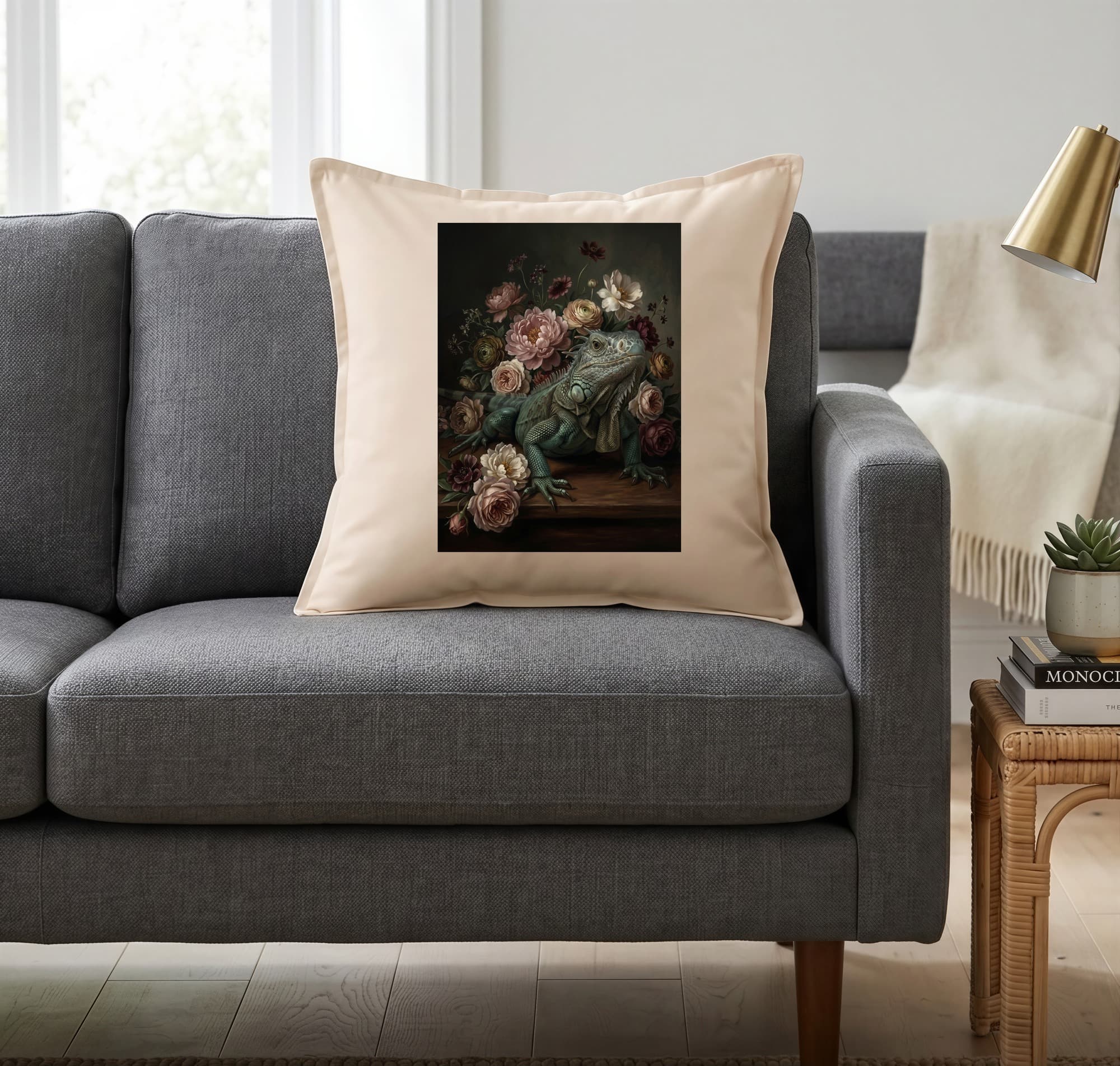Blue Iguana Floral Oil-Painting Floral Cushion 2