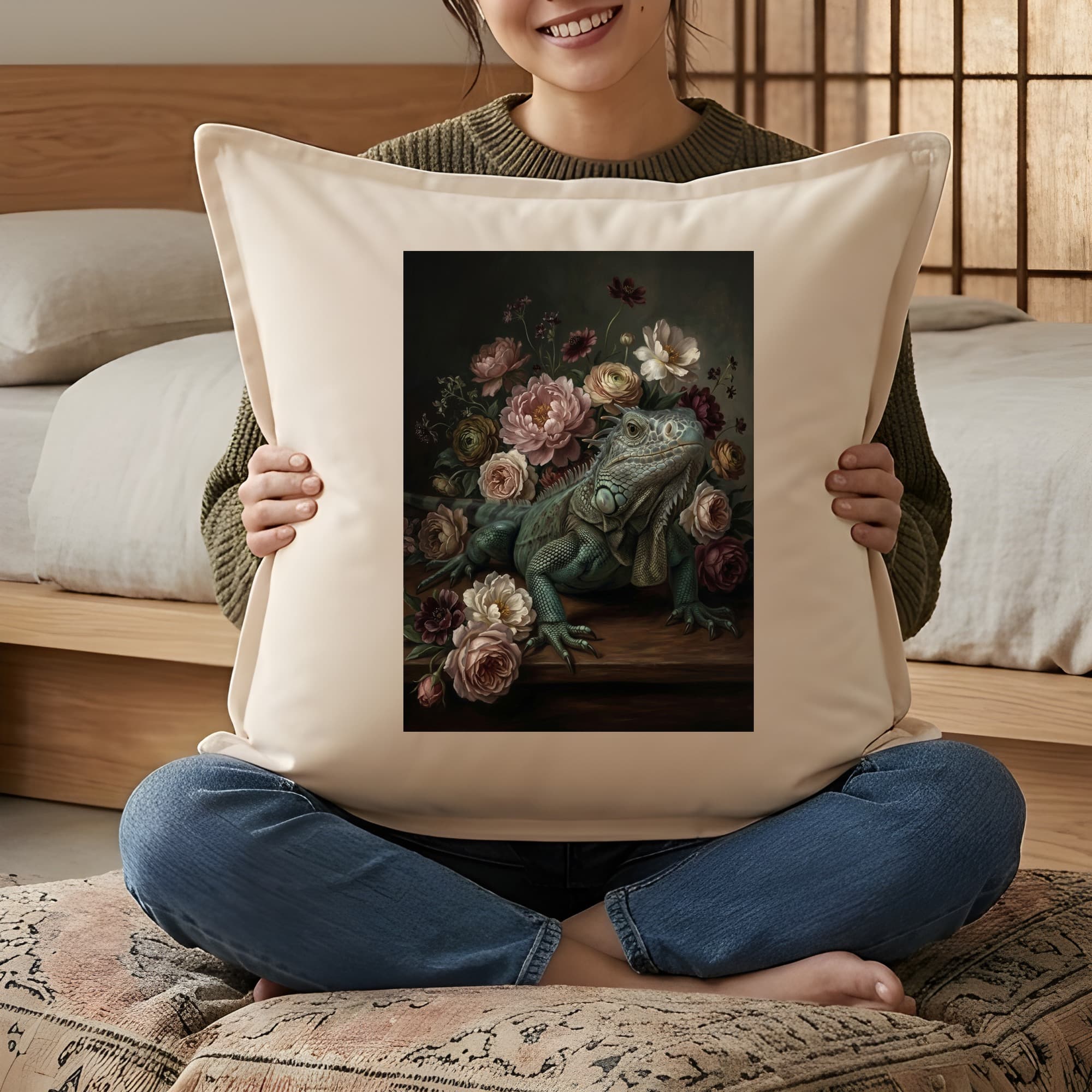 Blue Iguana Floral Oil-Painting Floral Cushion 3