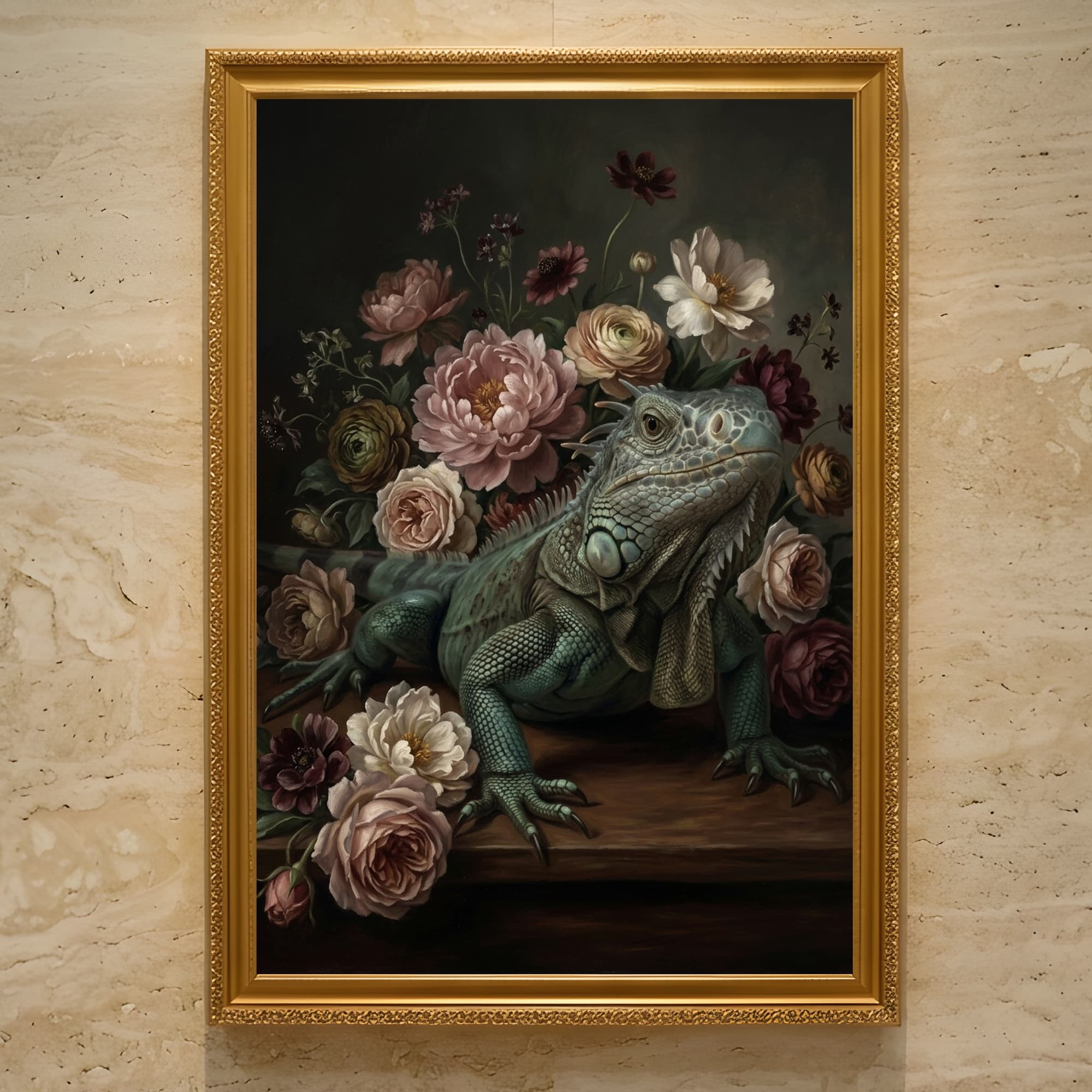 ブルーイグアナの花の油絵風アート花柄額装プリント(A3サイズ)