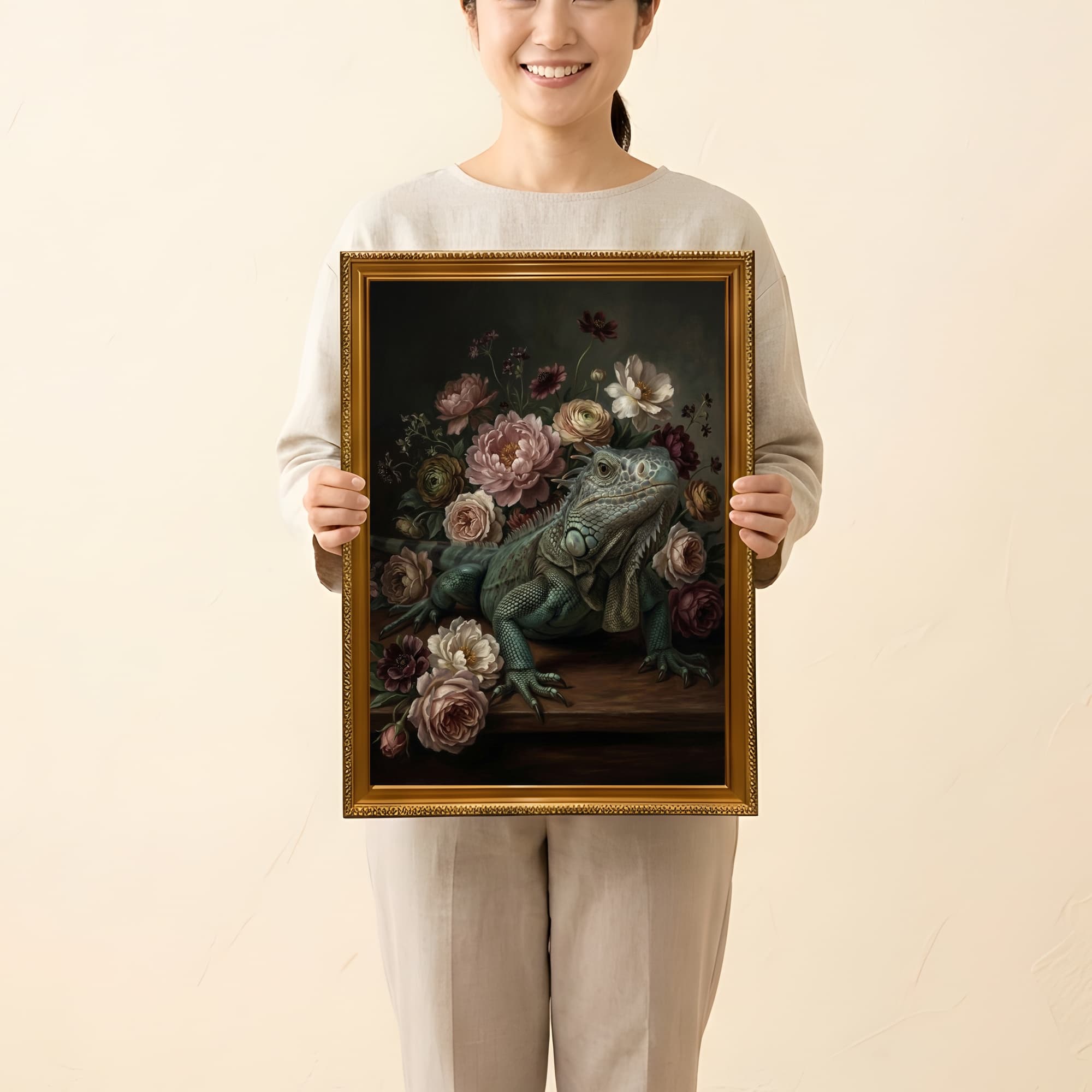 ブルーイグアナの花の油絵風アート花柄額装プリント(A3サイズ) 2