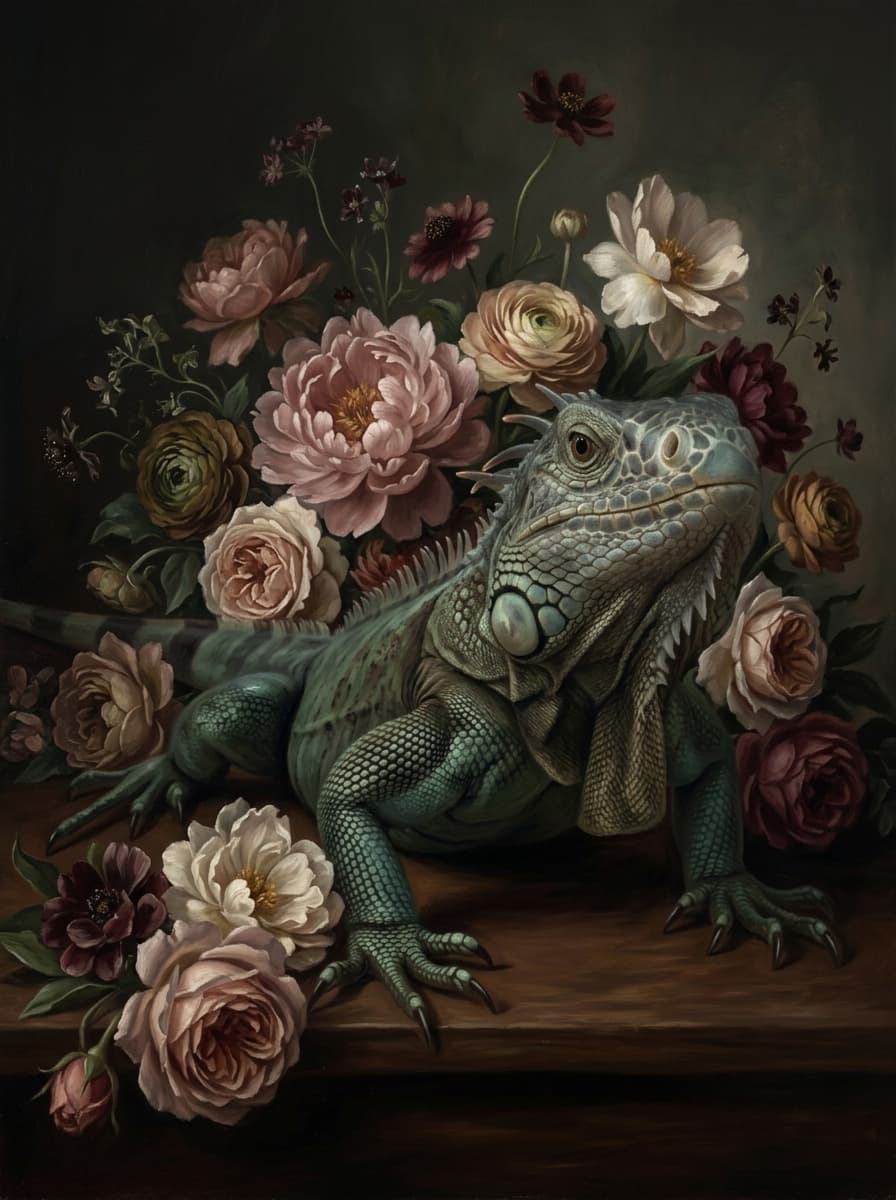 ブルーイグアナの花の油絵風アート花柄額装プリント(A3サイズ) 4