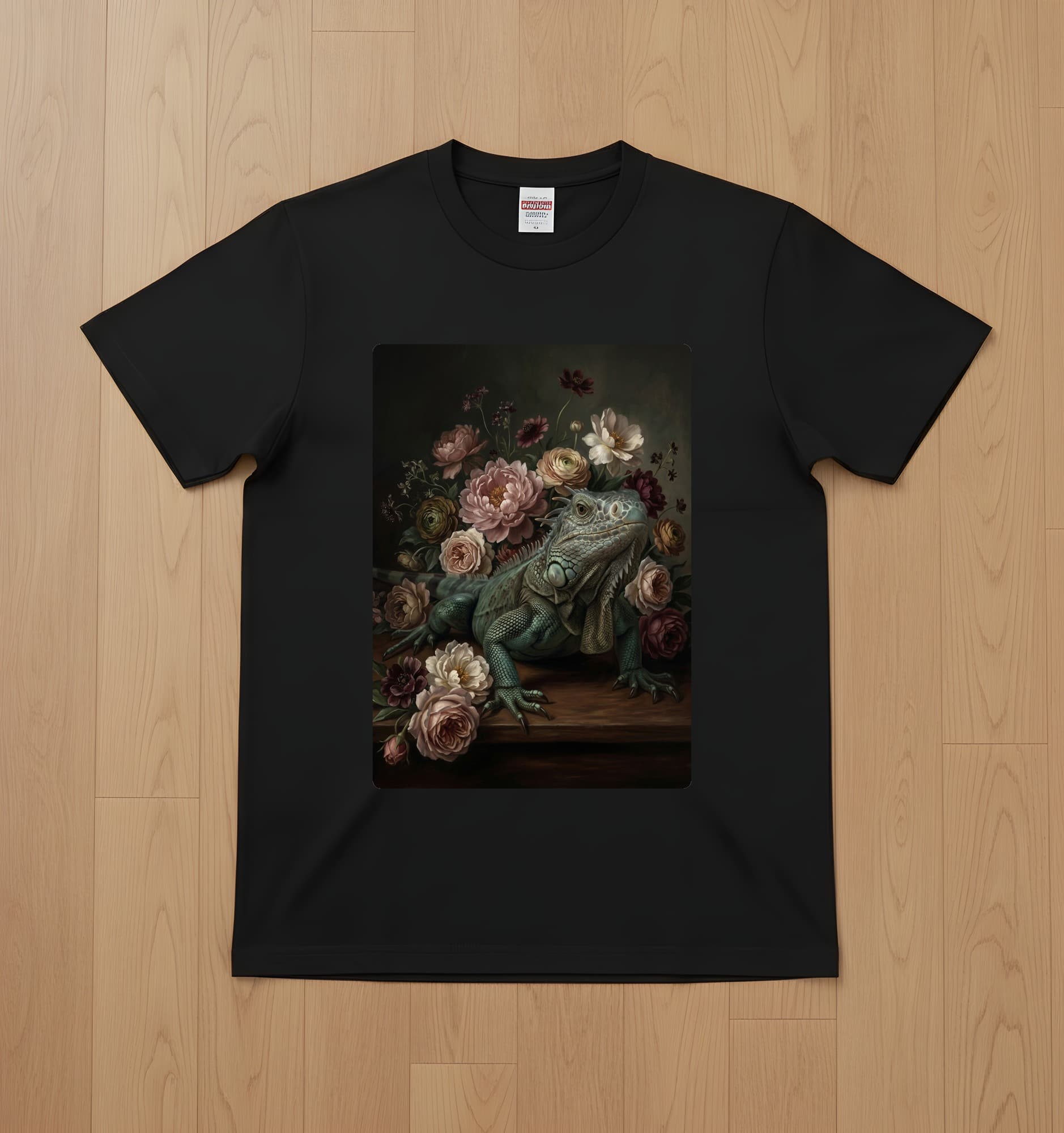 ブルーイグアナの花の油絵風アート花柄Tシャツ(ブラック)