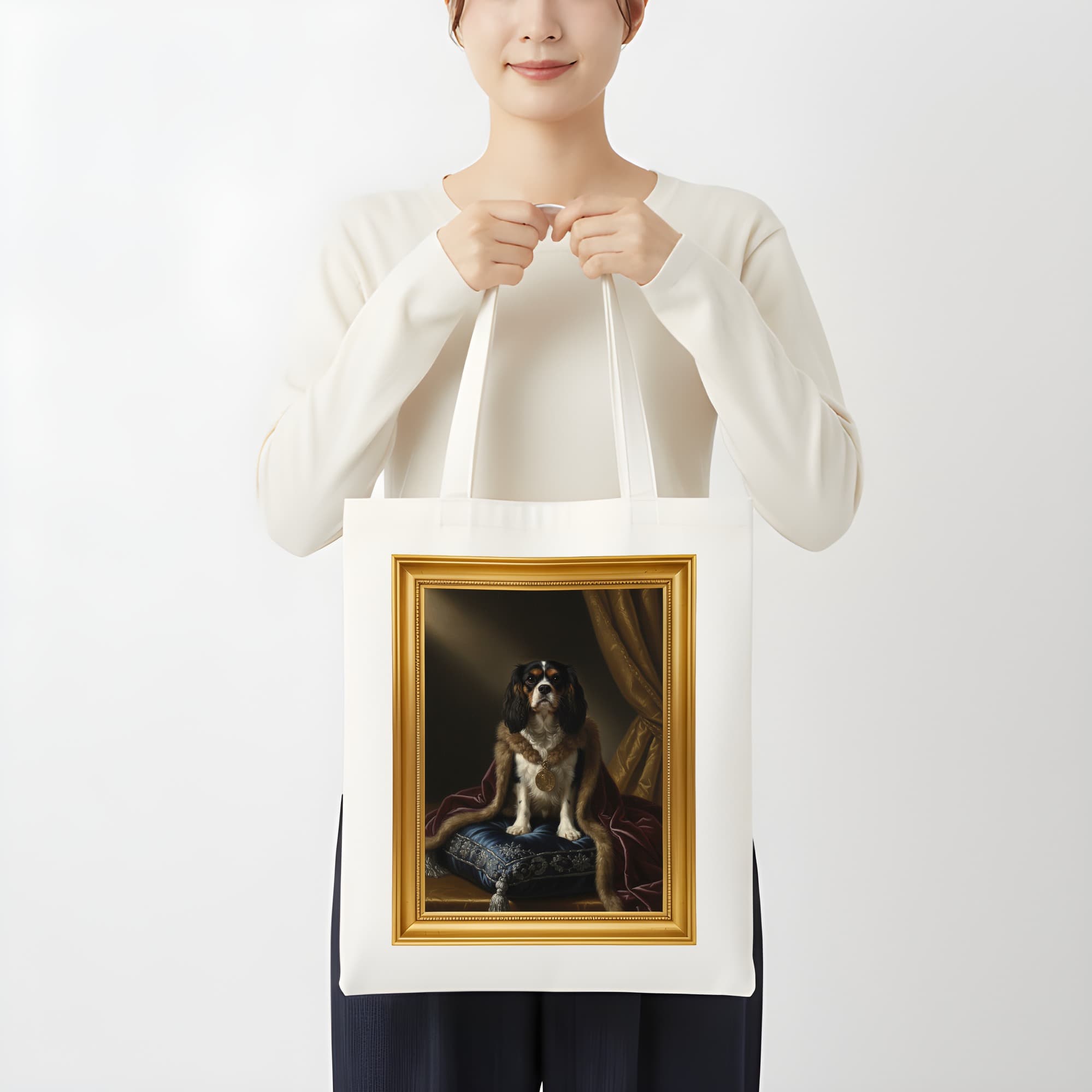 キャバリアのルネサンス肖像画トートバッグ(カラープリント・額縁デザインあり) 3