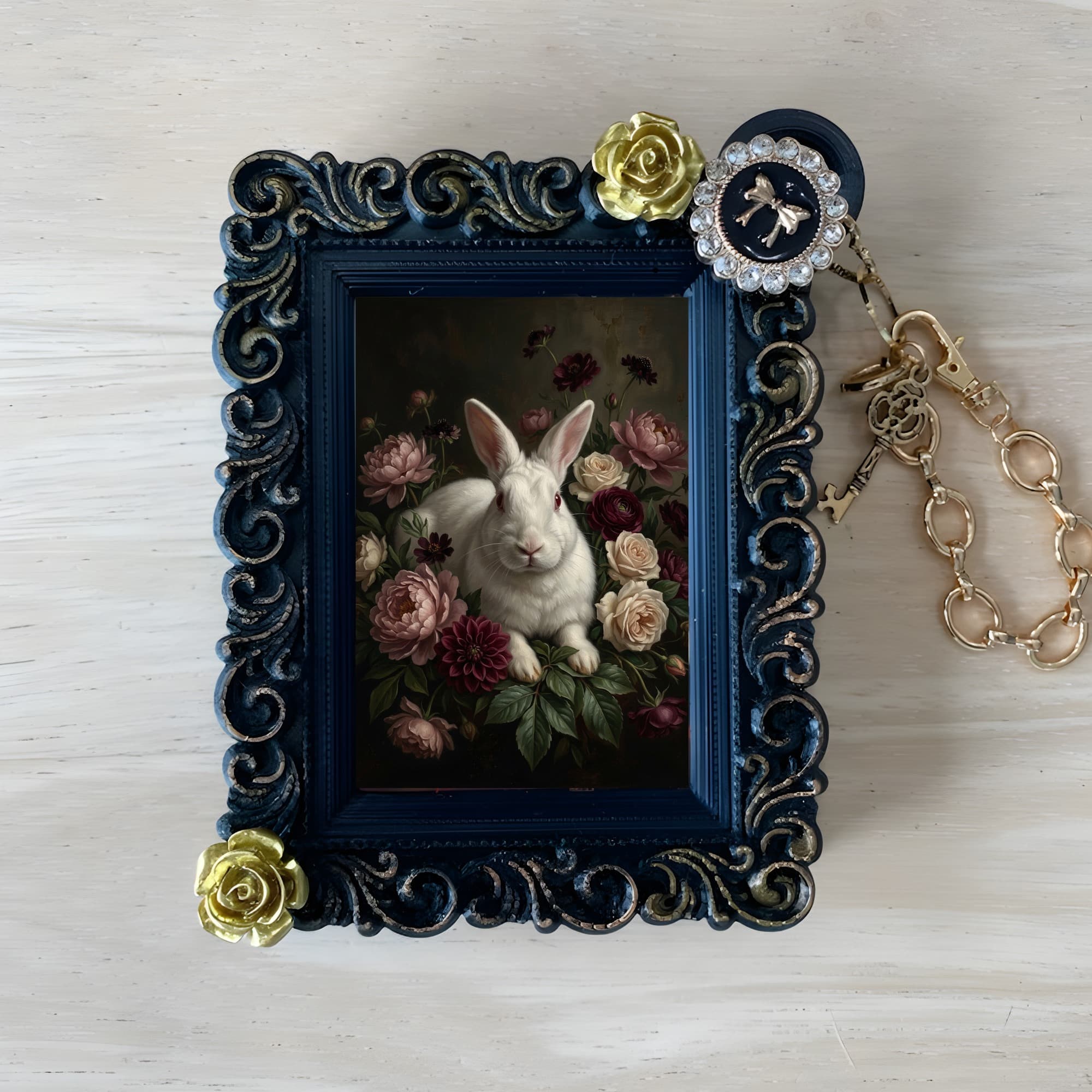 New Zealand White rabbit Floral Oil-Painting Floral Bag Charm (Black)