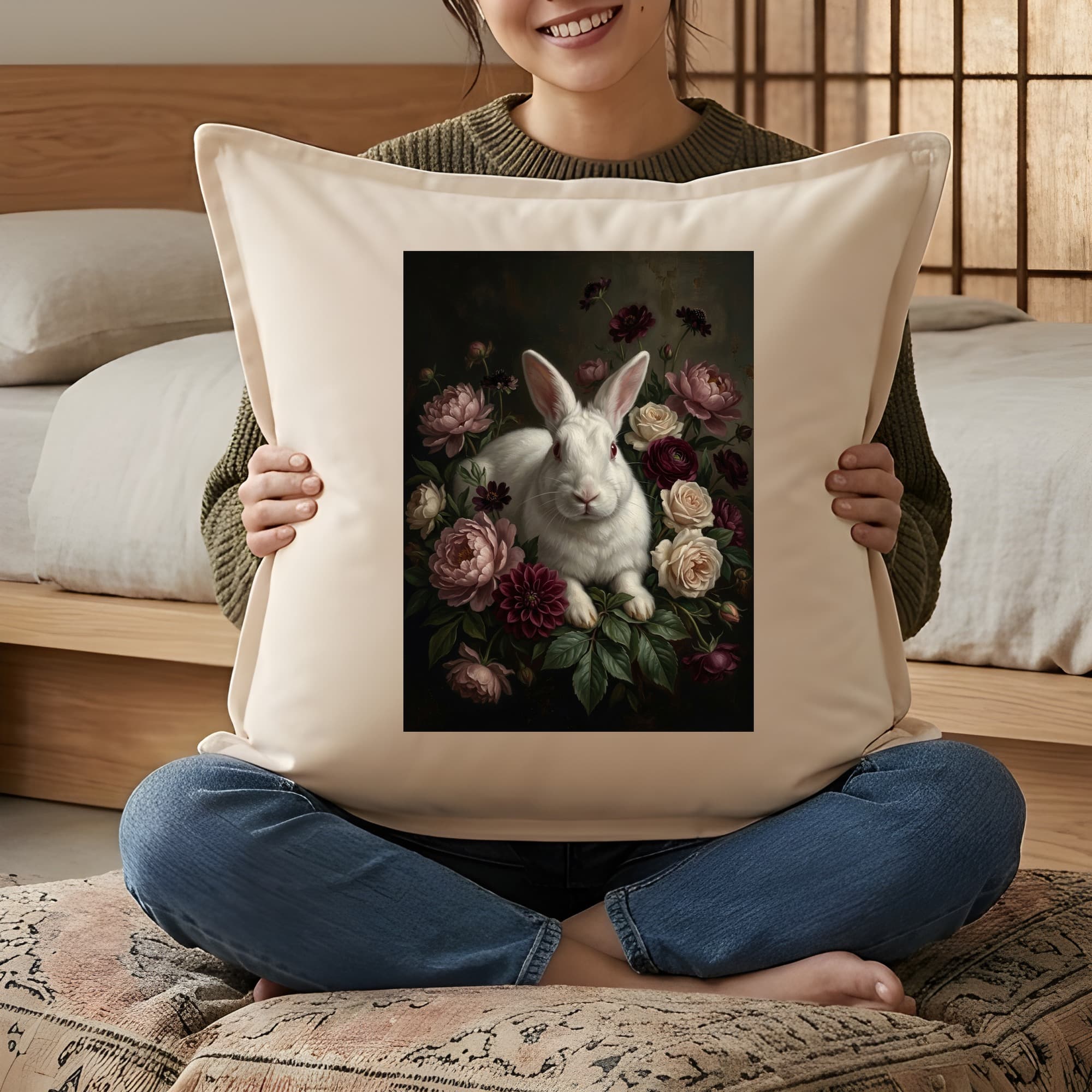 ニュージーランドホワイトの花の油絵風アート花柄クッション 3