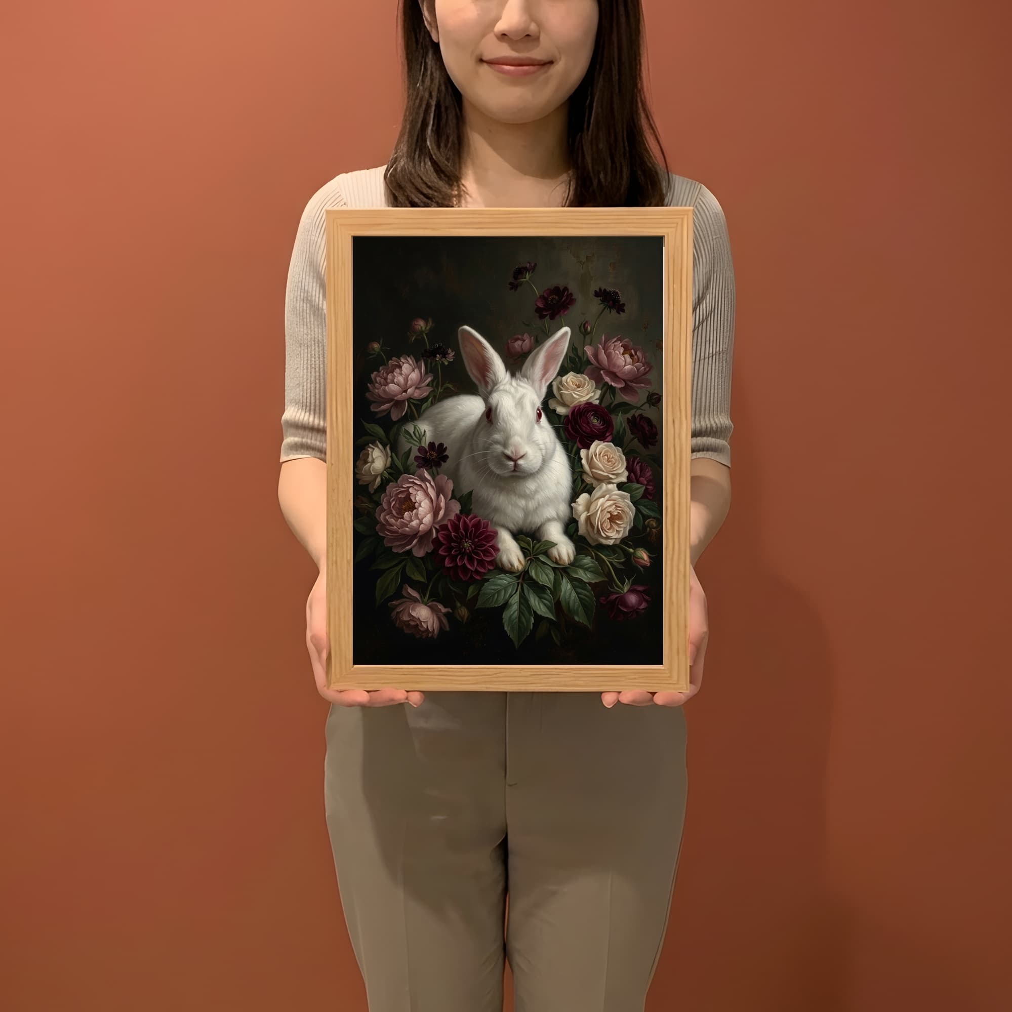 ニュージーランドホワイトの花の油絵風アート花柄額装プリント(A3サイズ) 2