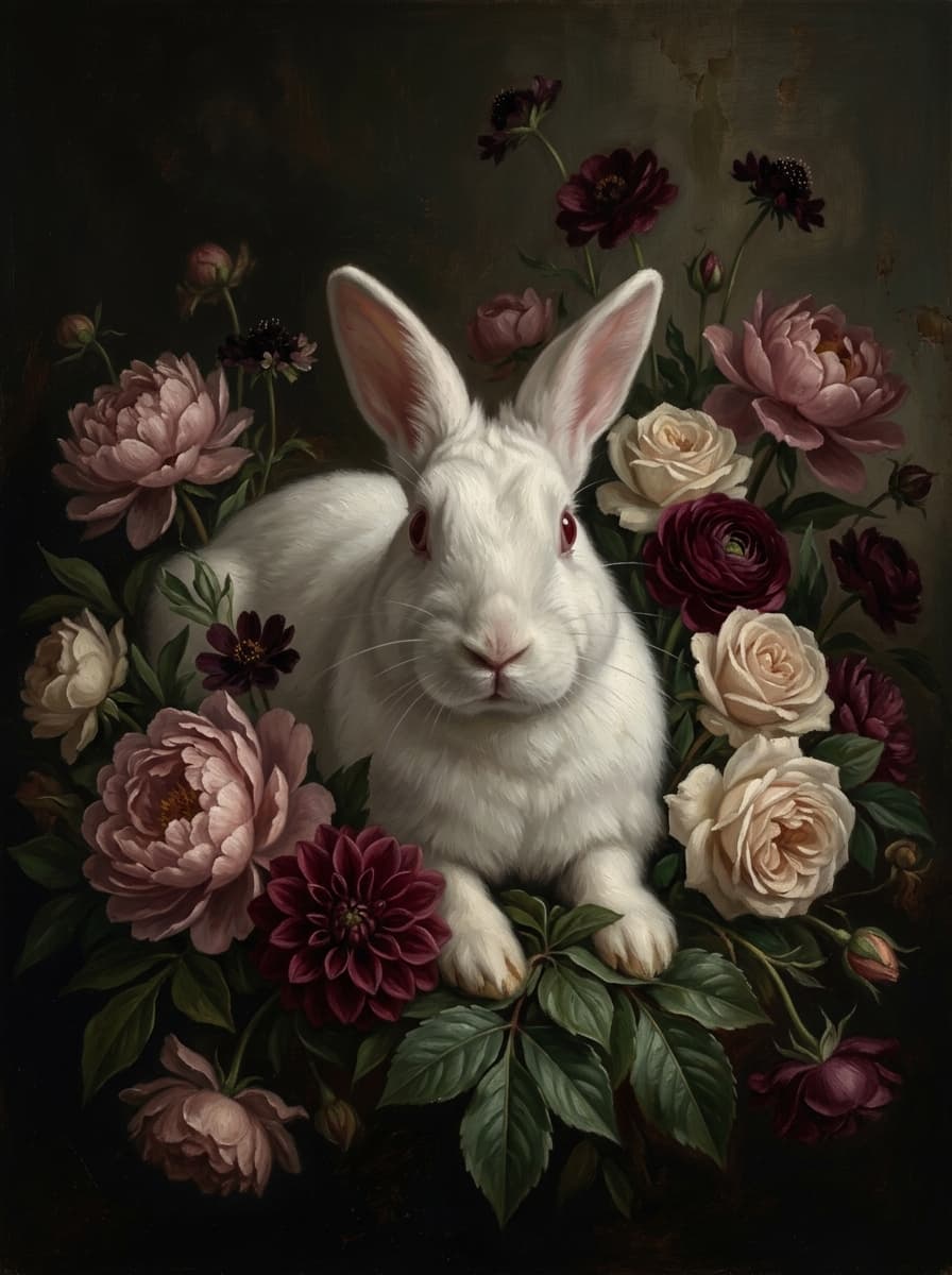 ニュージーランドホワイトの花の油絵風アート花柄額装プリント(A3サイズ) 4