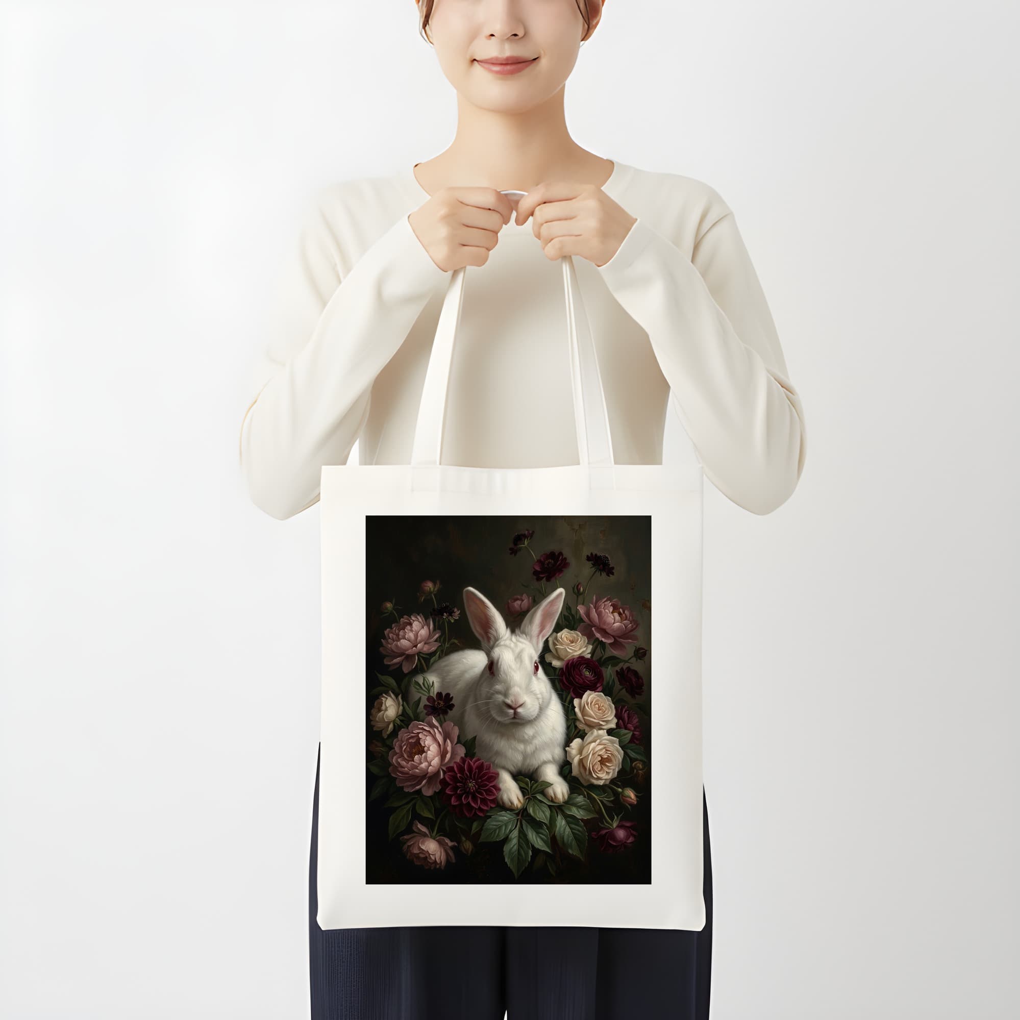 ニュージーランドホワイトの花の油絵風アート花柄トートバッグ 3