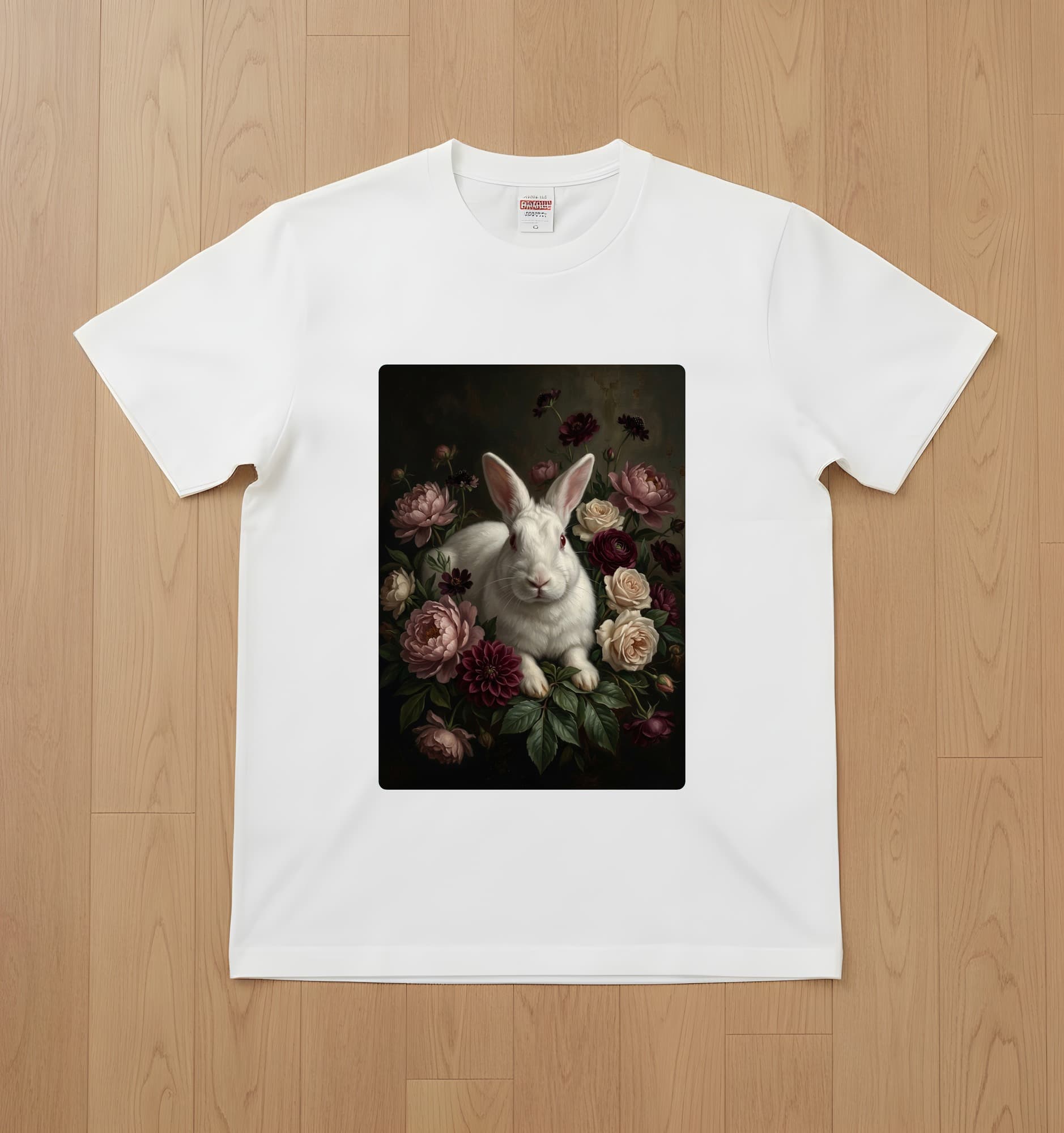 ニュージーランドホワイトの花の油絵風アート花柄Tシャツ(ホワイト)