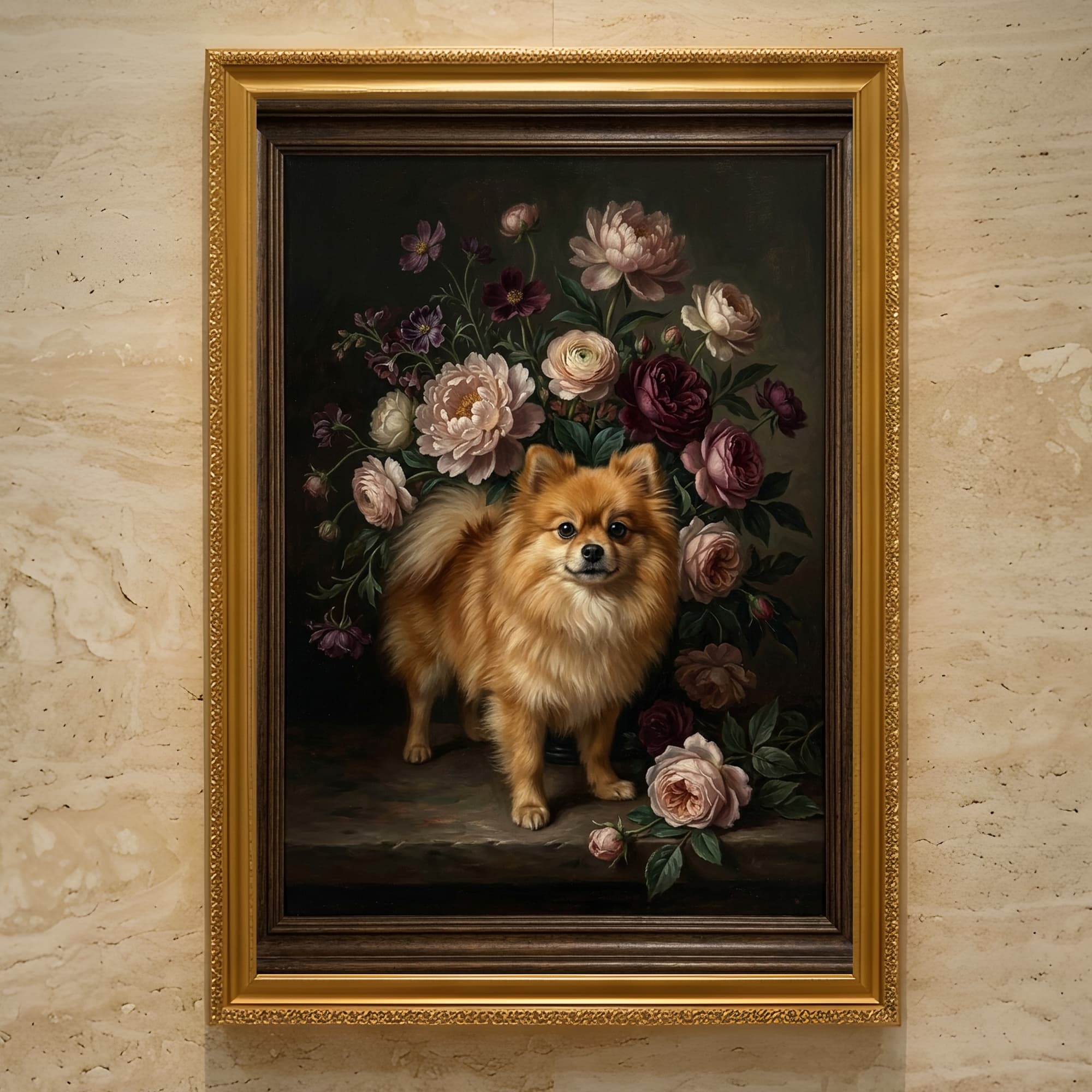 ポメラニアンの花の油絵風アート花柄額装プリント(A3サイズ)