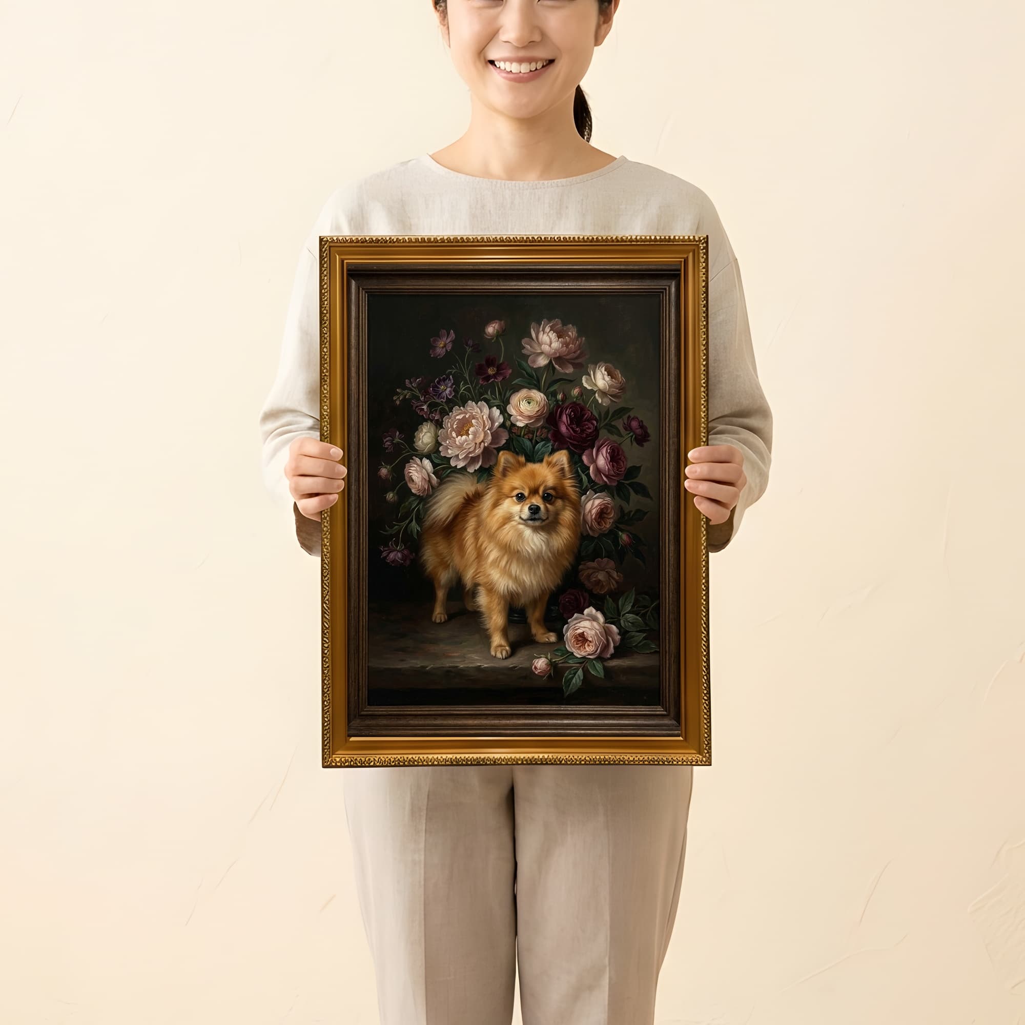 ポメラニアンの花の油絵風アート花柄額装プリント(A4サイズ) 2