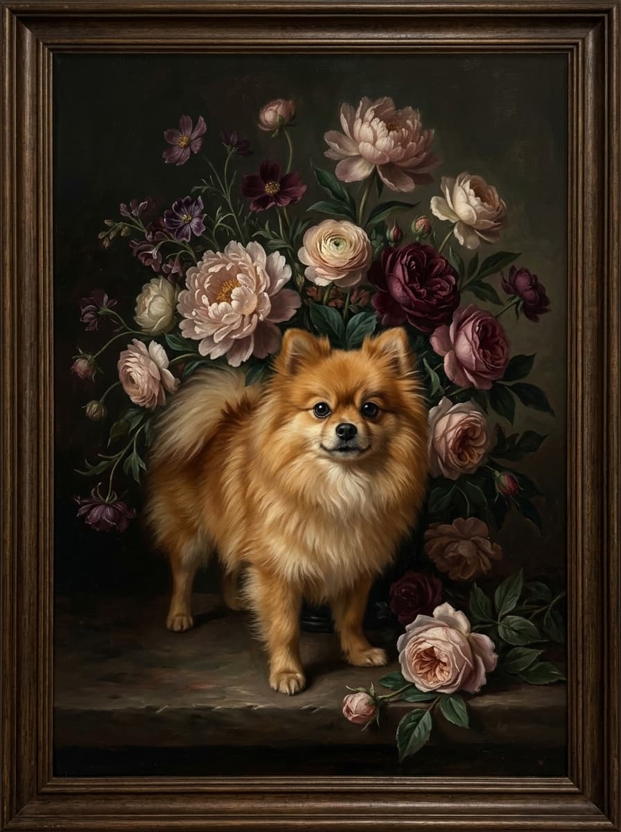 ポメラニアンの花の油絵風アート花柄額装プリント(A4サイズ) 4
