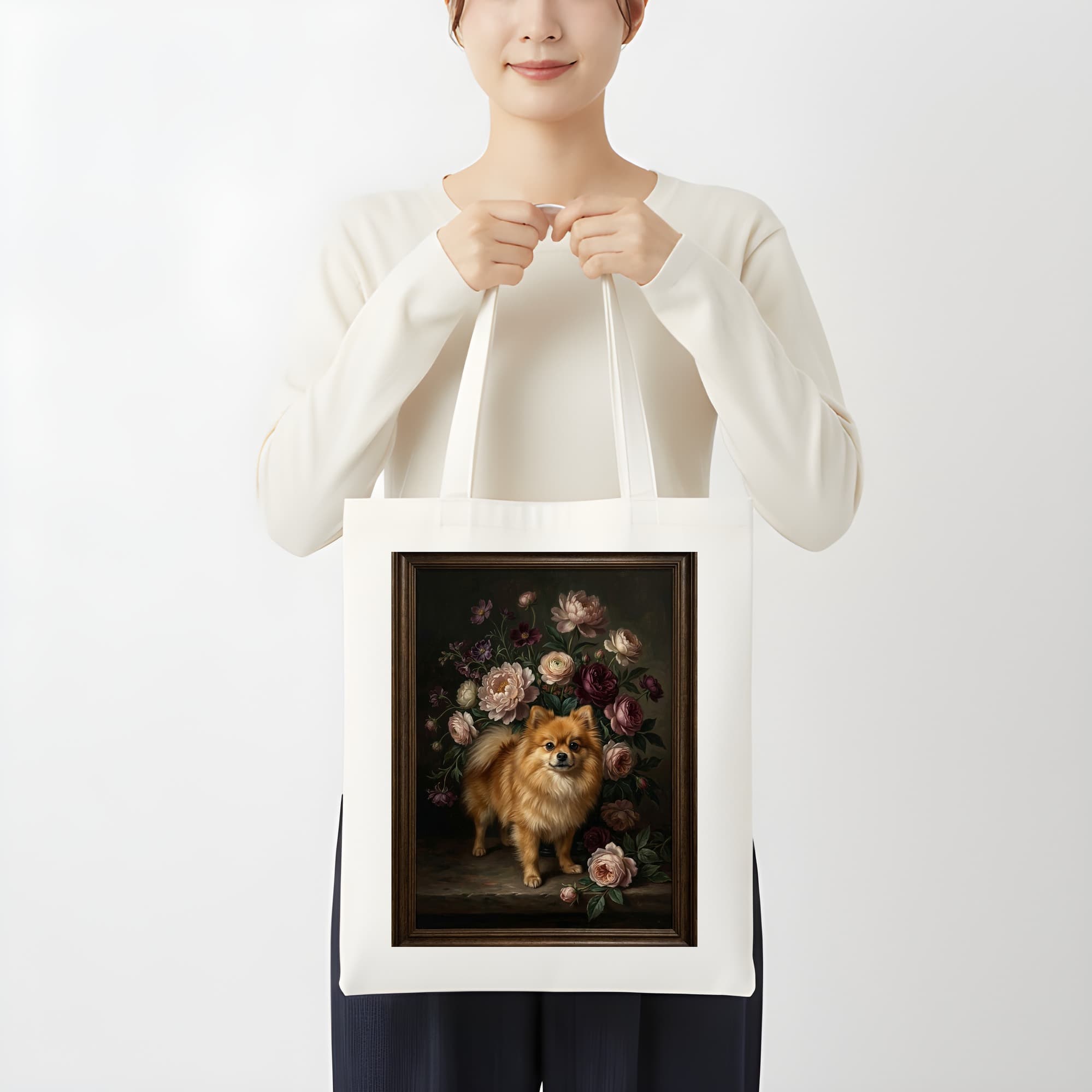 ポメラニアンの花の油絵風アート花柄トートバッグ 3