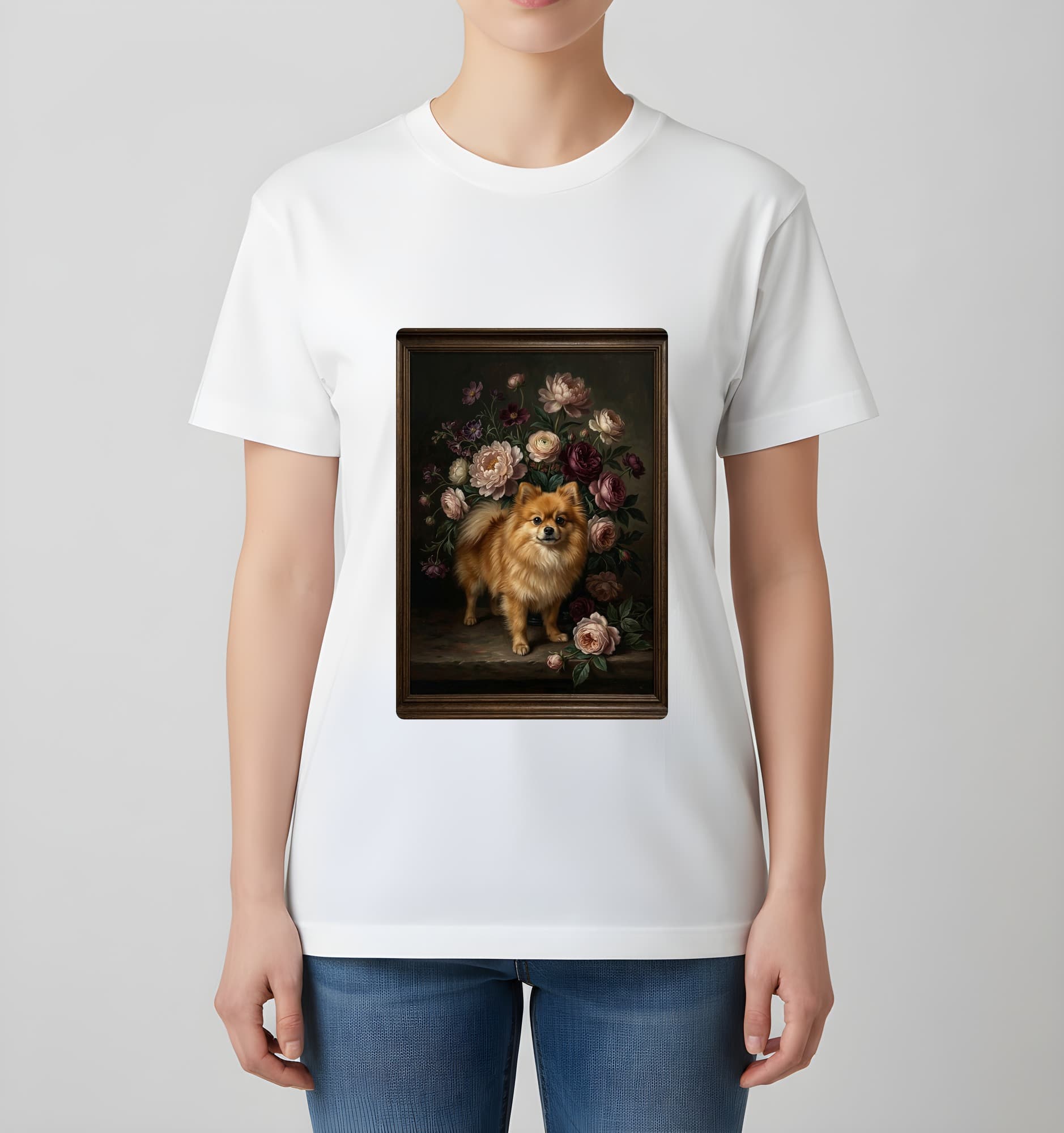 Pomeranian Floral Oil-Painting Floral T-Shirt (White) 4