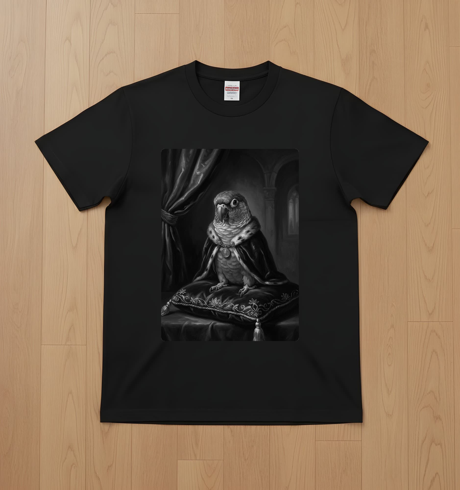 アカハラインコのルネサンス肖像画Tシャツ(ブラック・モノクロプリント・額縁なし)