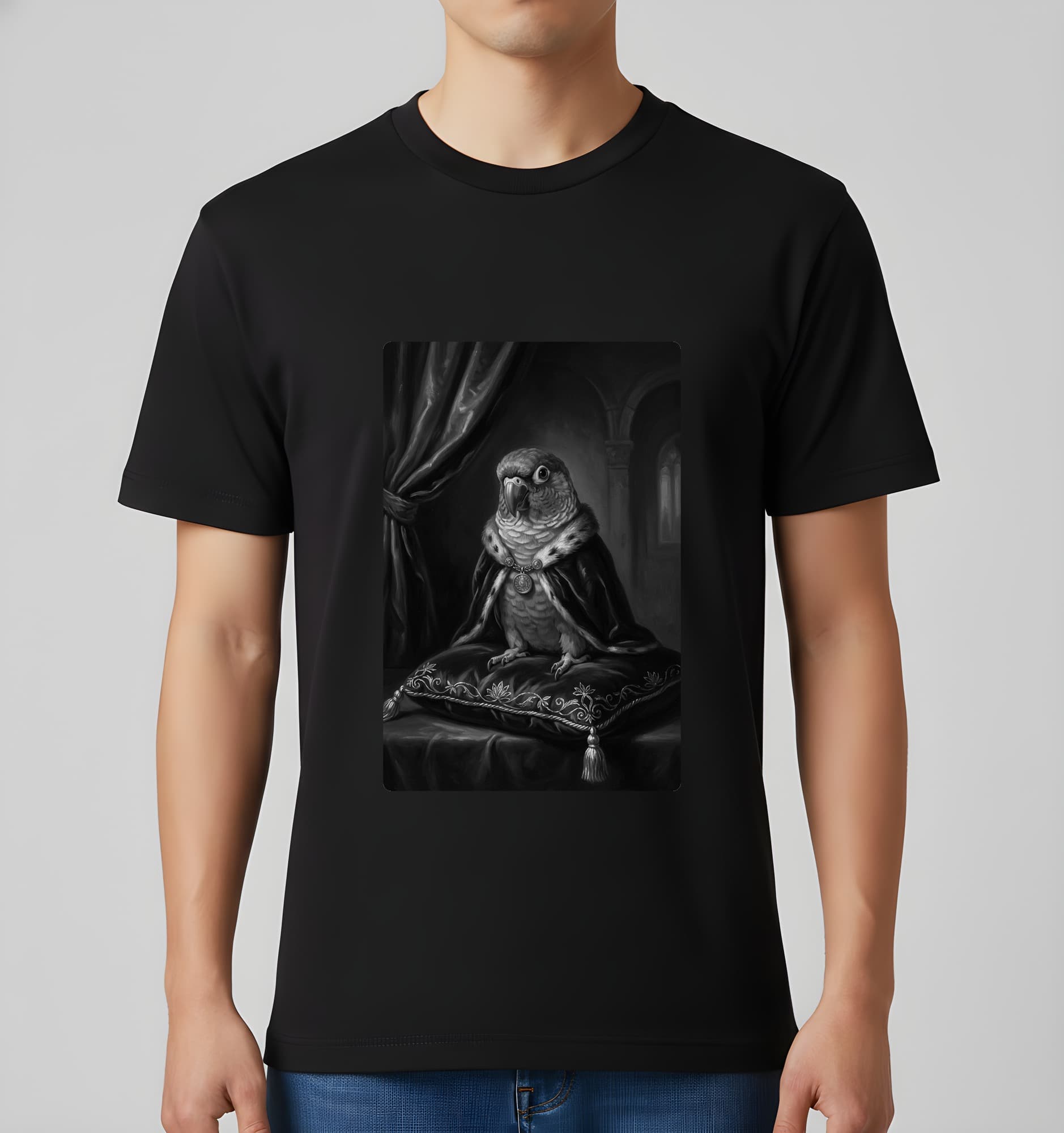 アカハラインコのルネサンス肖像画Tシャツ(ブラック・モノクロプリント・額縁なし) 3