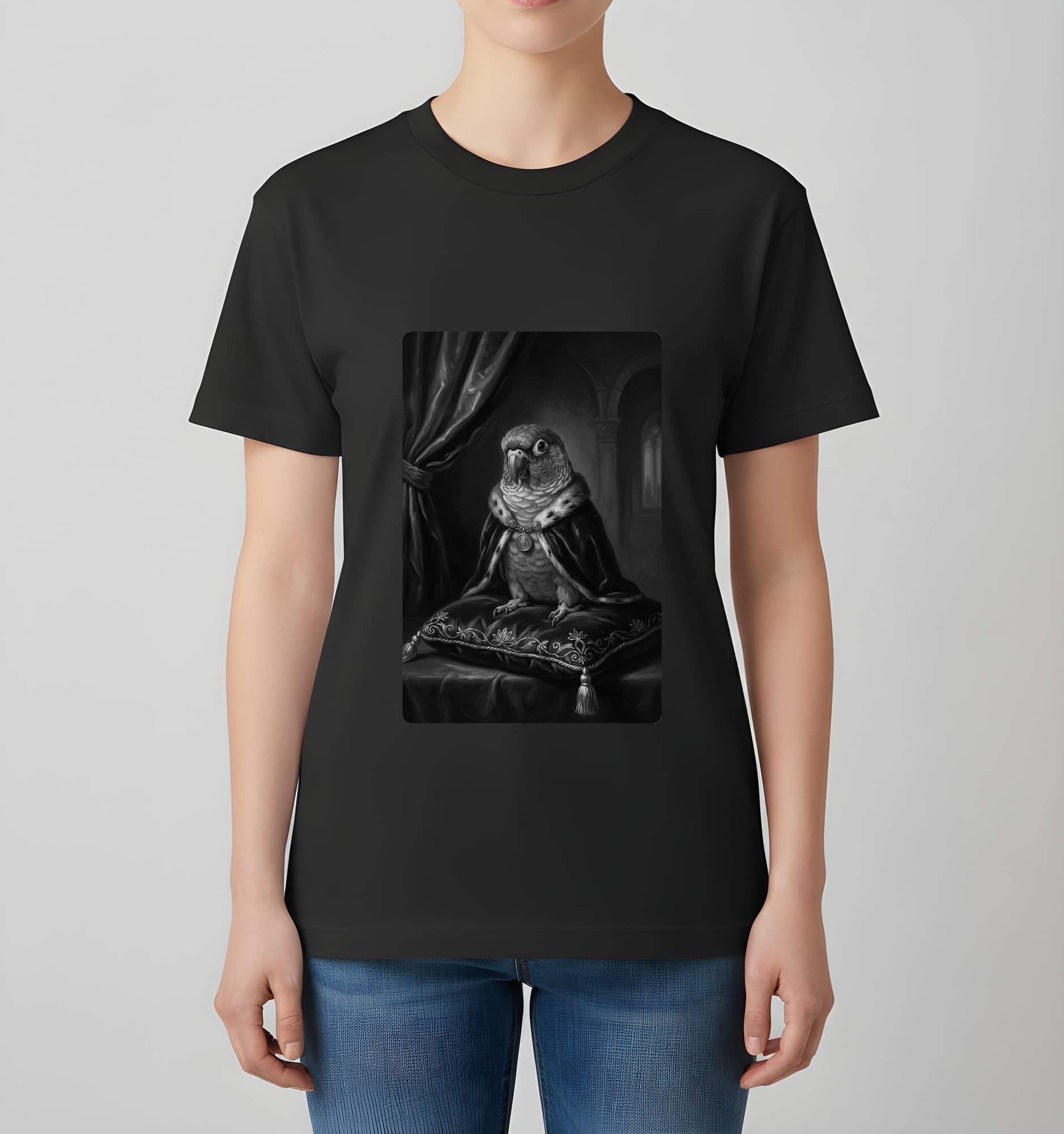 アカハラインコのルネサンス肖像画Tシャツ(ブラック・モノクロプリント・額縁なし) 4